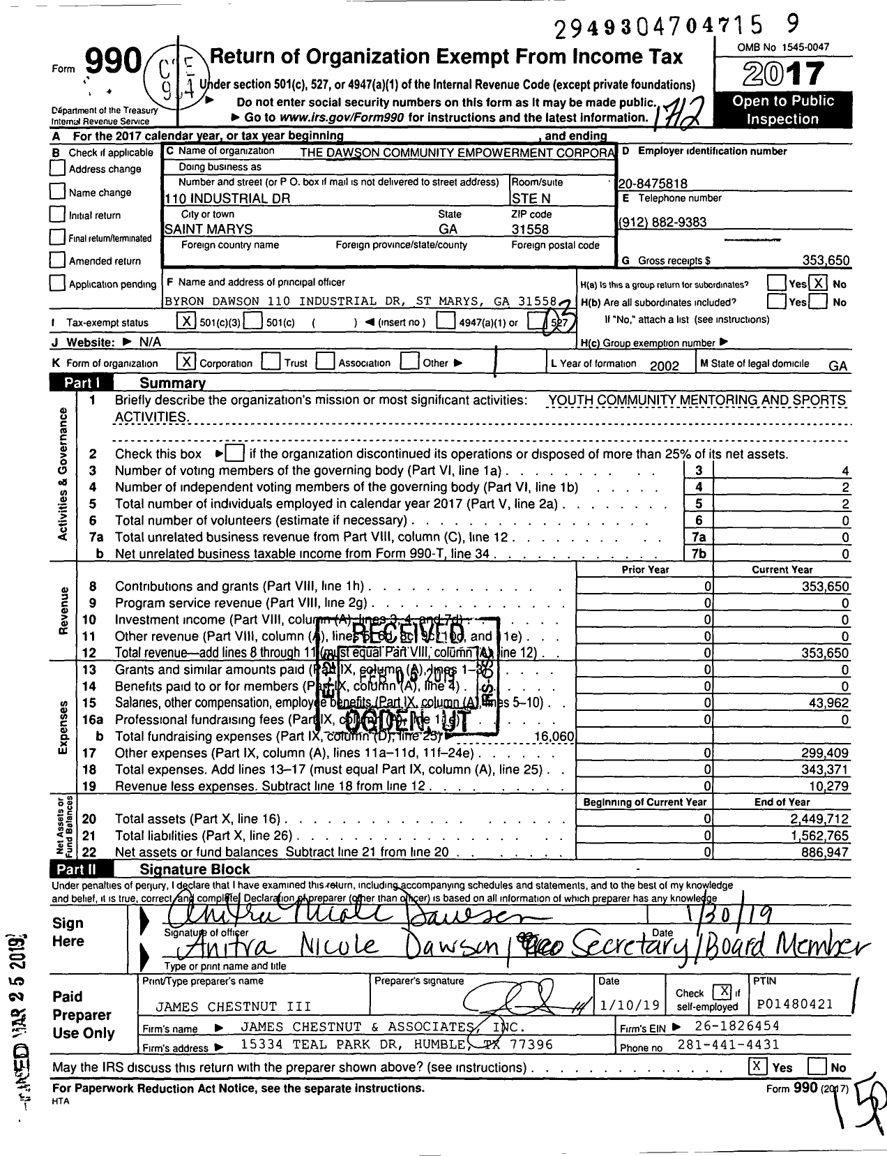 Image of first page of 2017 Form 990 for The Dawson Community Empowerment Corporation