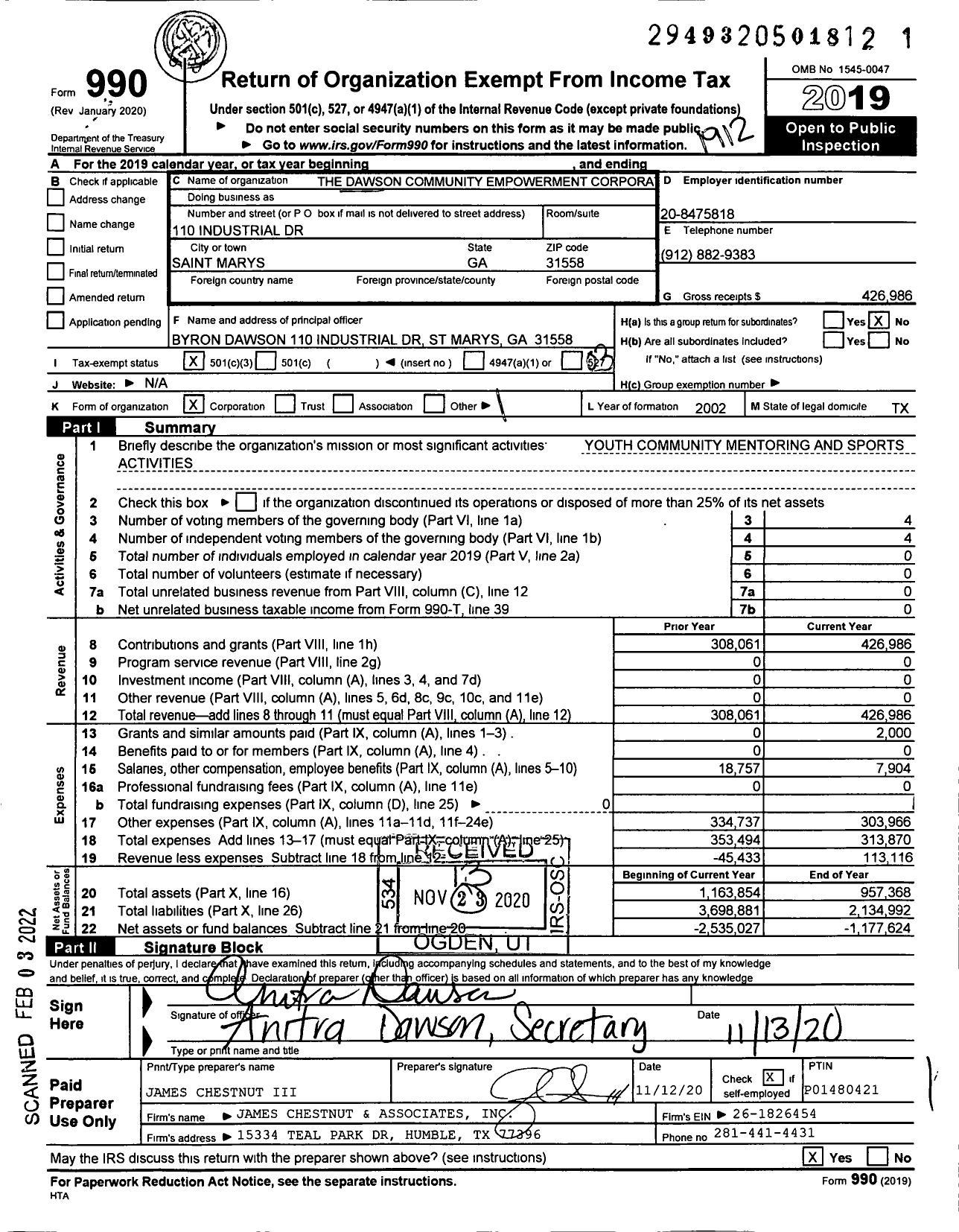 Image of first page of 2019 Form 990 for The Dawson Community Empowerment Corporation