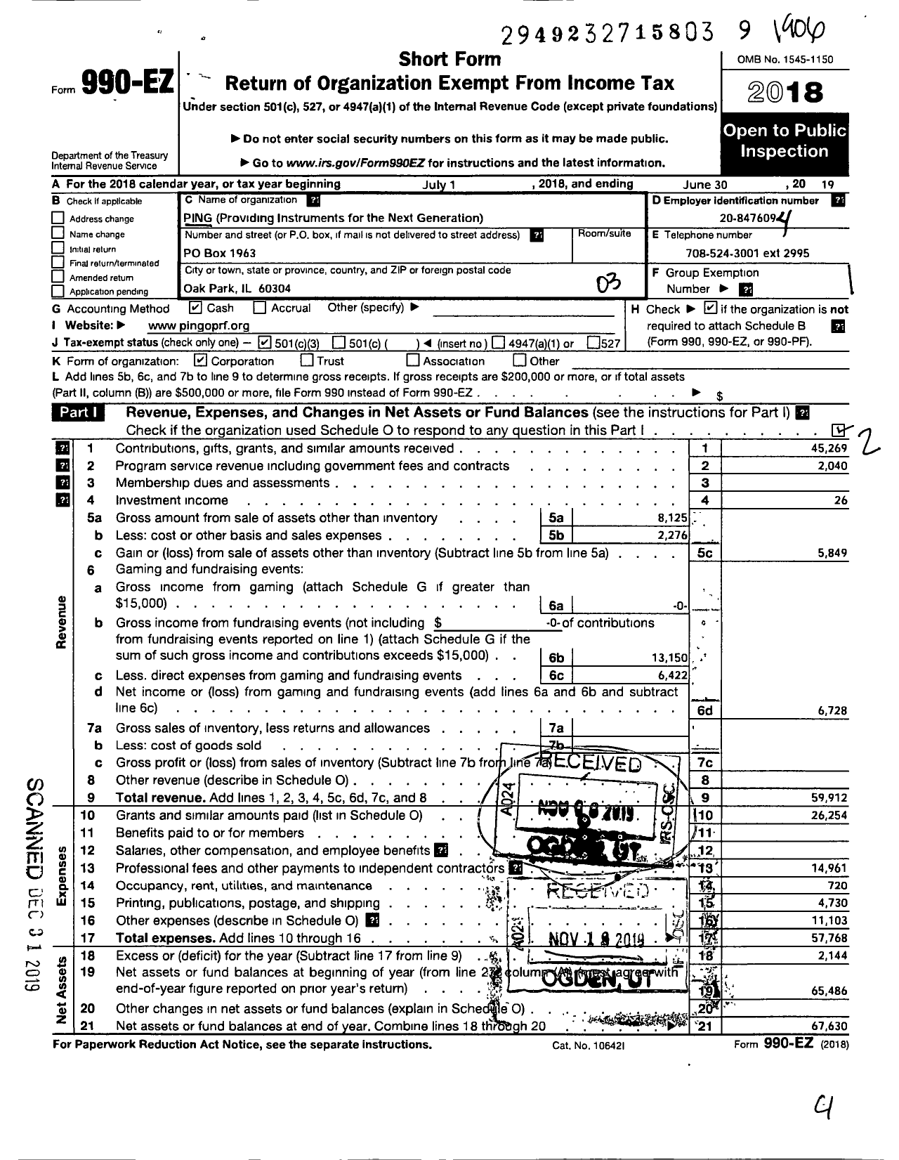 Image of first page of 2018 Form 990EZ for Ping Providing Instruments for Thenext Generation