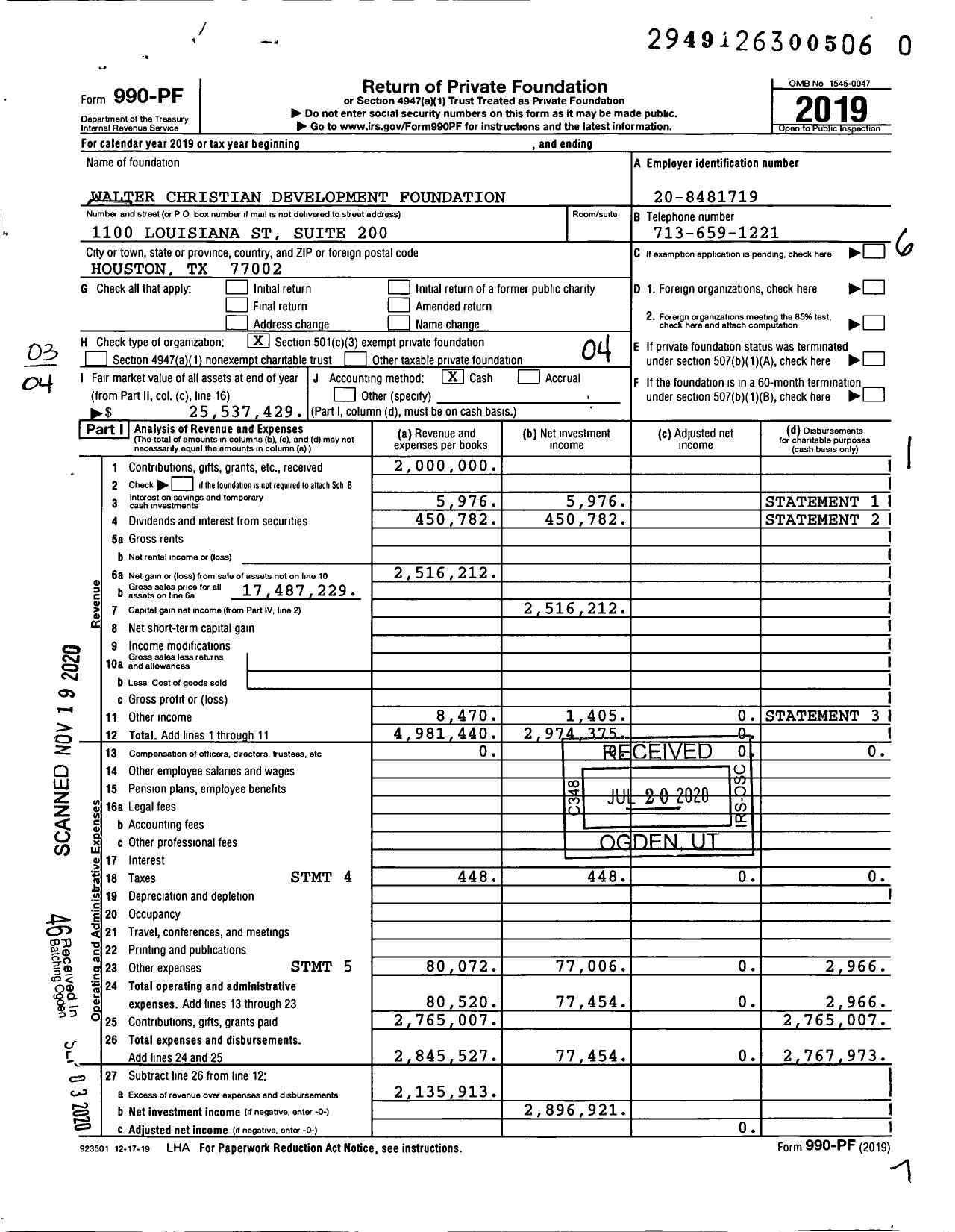 Image of first page of 2019 Form 990PF for Walter Christian Development Foundation