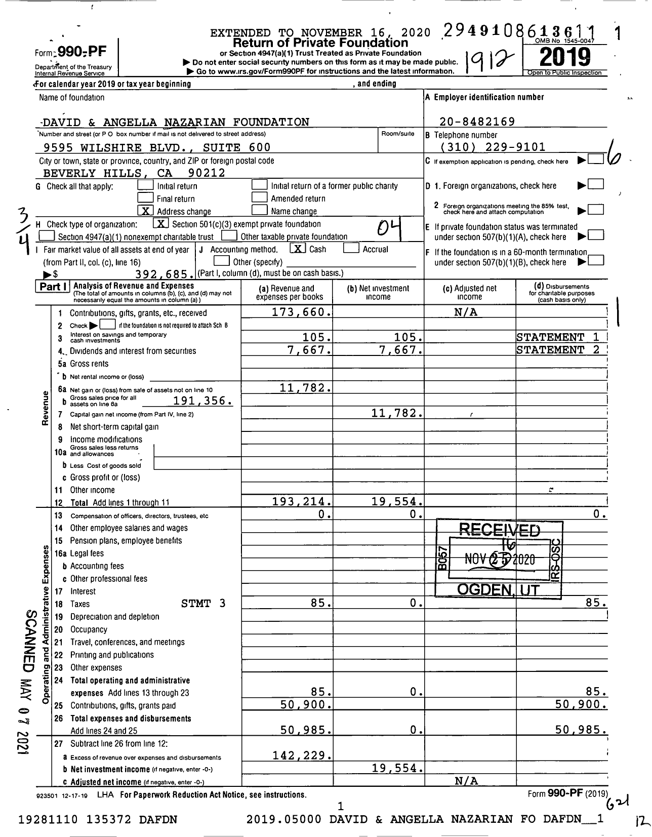 Image of first page of 2019 Form 990PF for David & Angella Nazarian Foundation