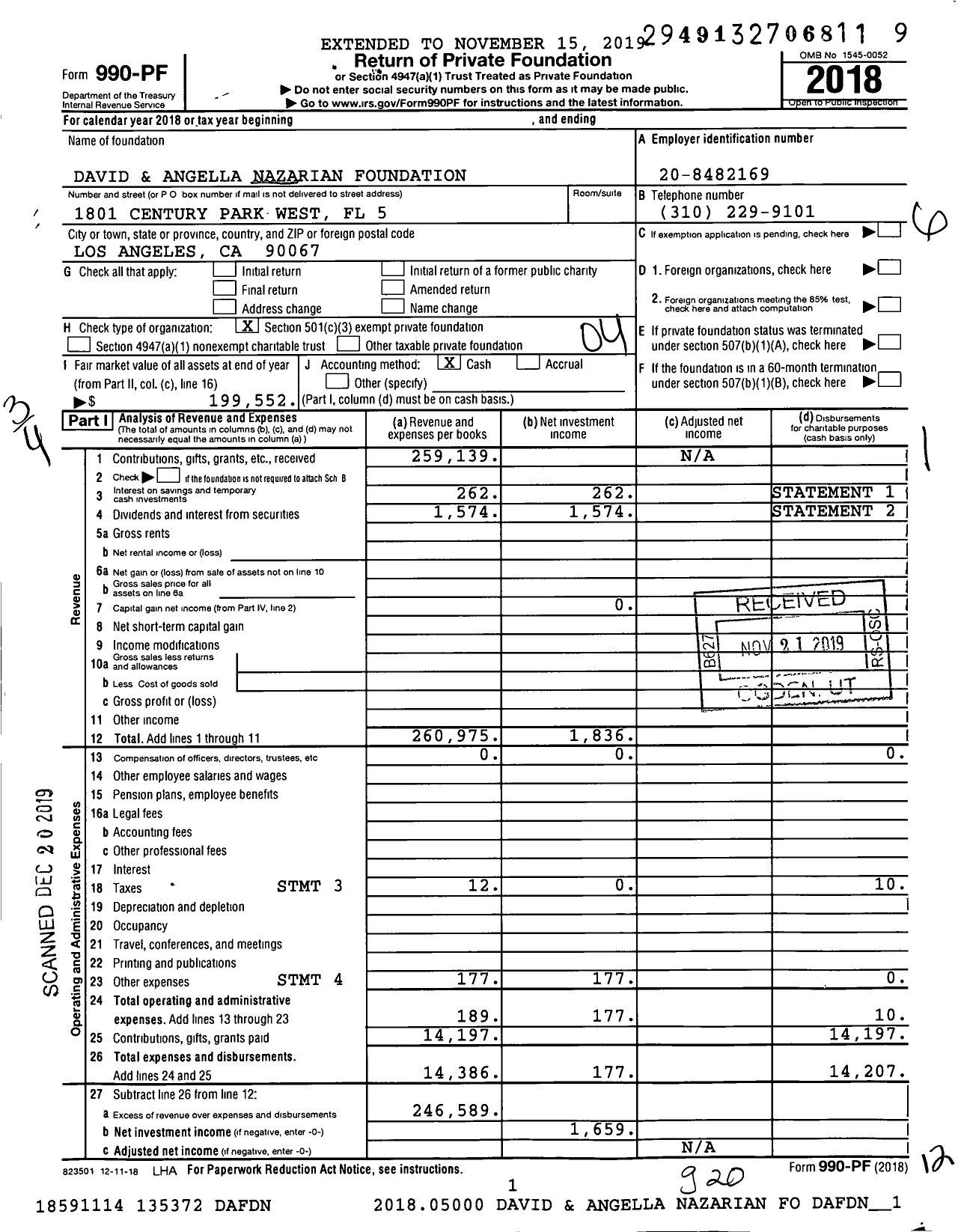 Image of first page of 2018 Form 990PF for David & Angella Nazarian Foundation