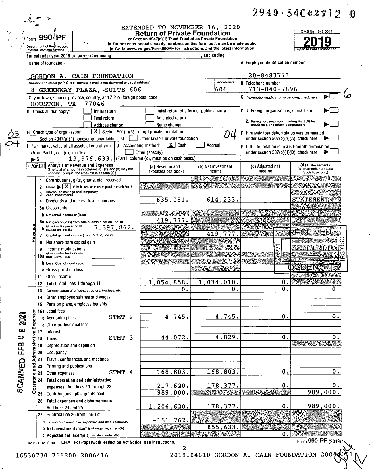 Image of first page of 2019 Form 990PF for Gordon A Cain Foundation