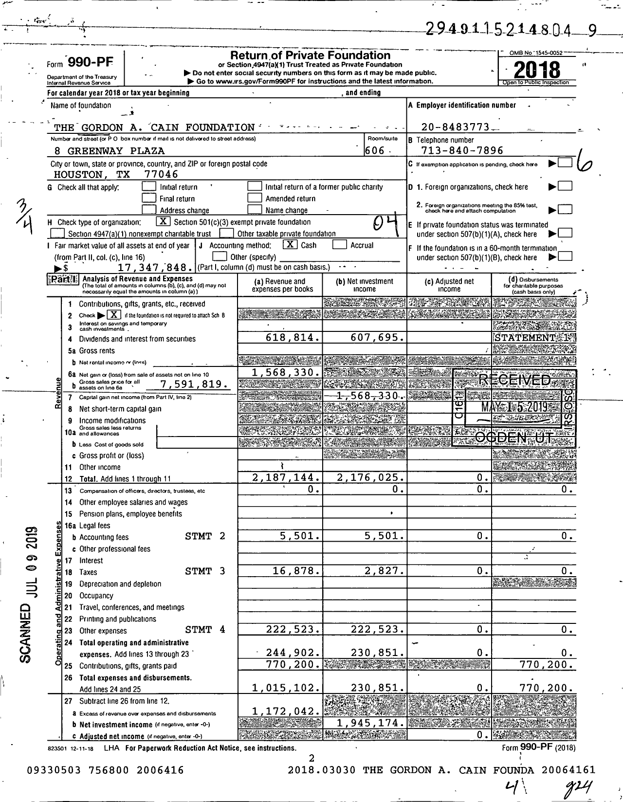 Image of first page of 2018 Form 990PF for Gordon A Cain Foundation