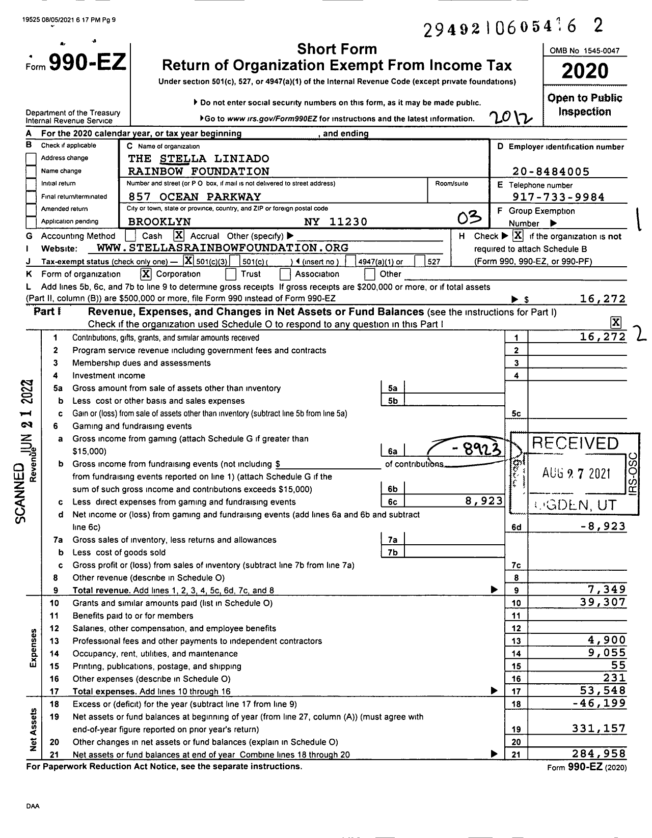 Image of first page of 2020 Form 990EZ for The Stella Liniado Rainbow Foundation