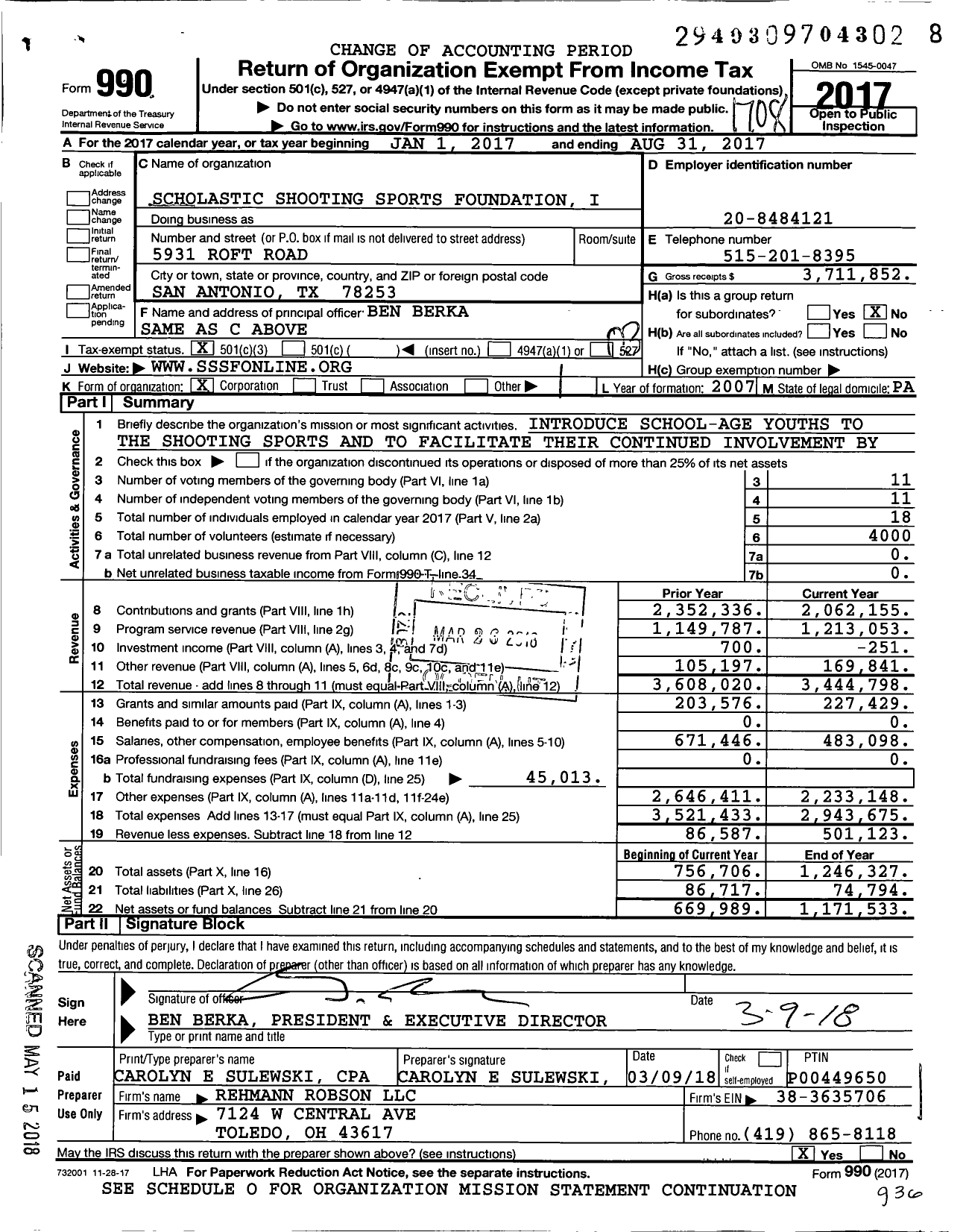 Image of first page of 2016 Form 990 for Scholastic Shooting Sports Foundation