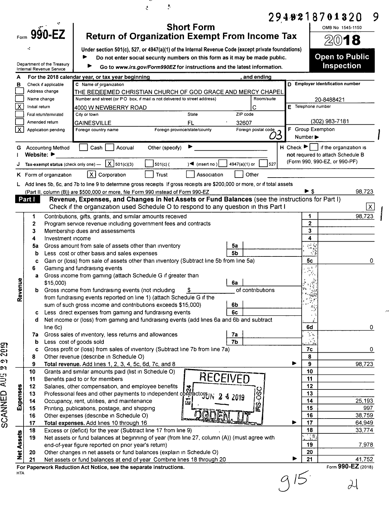 Image of first page of 2018 Form 990EZ for Redeemed Christian Church of Godgrace and Mercy Chapel