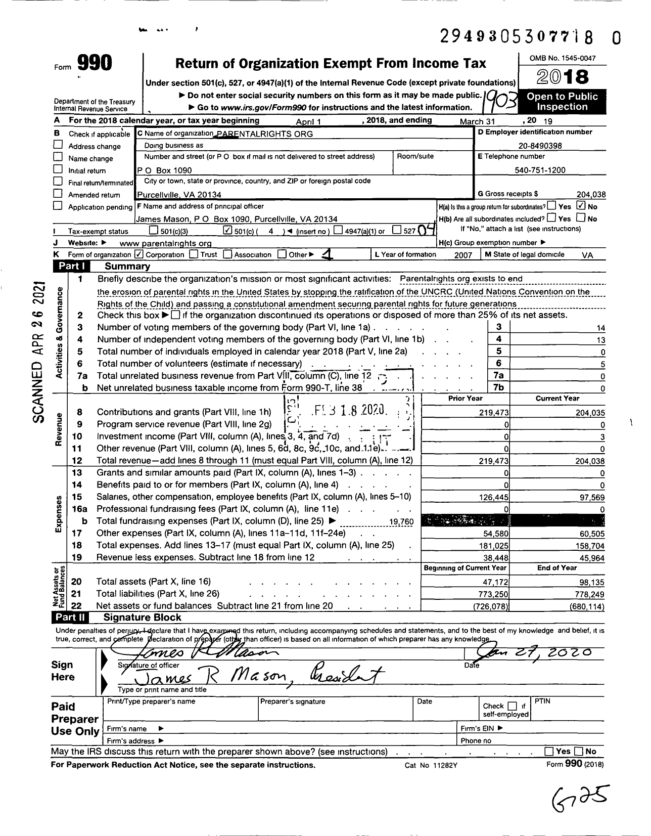 Image of first page of 2018 Form 990O for Parentalrightsorg