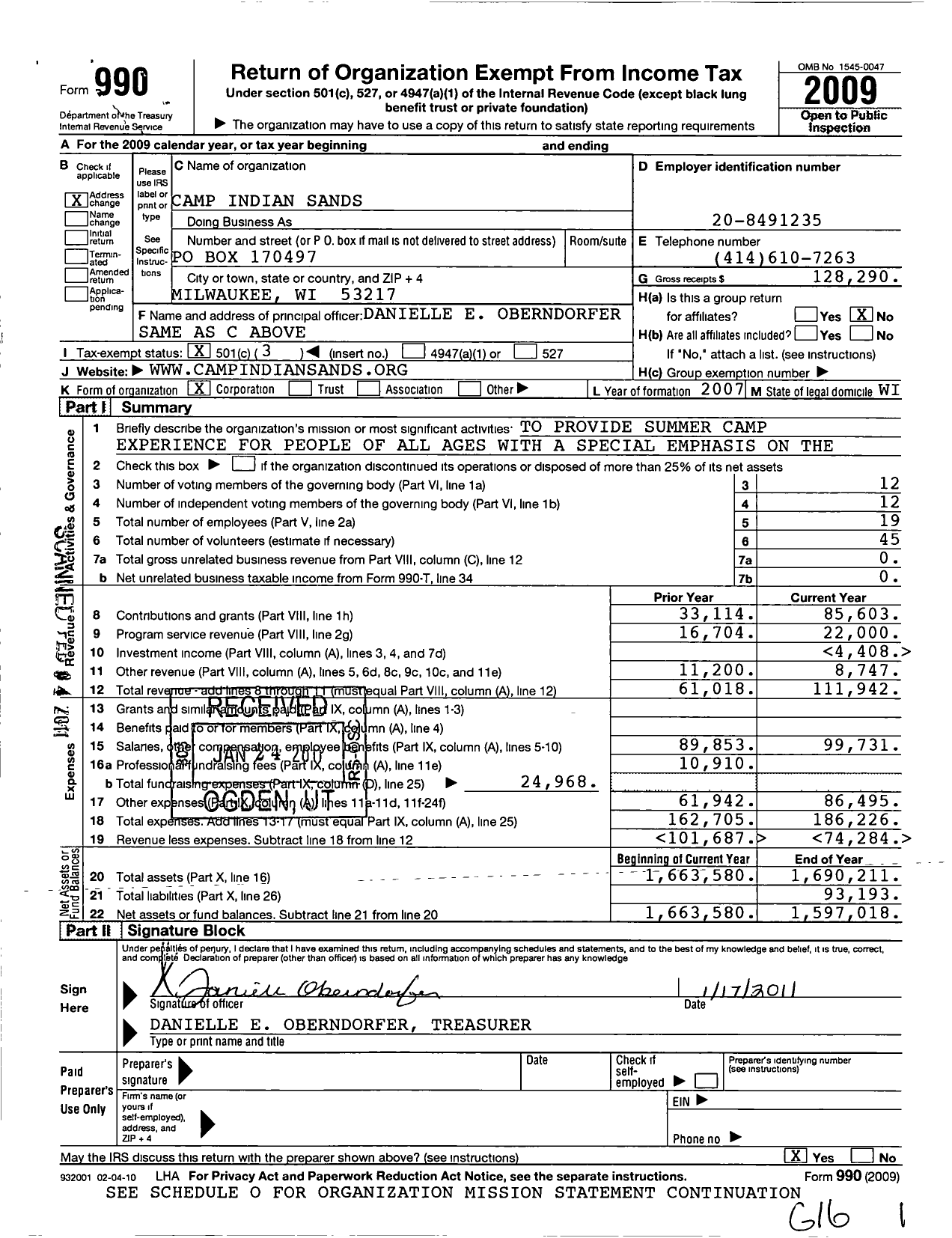 Image of first page of 2009 Form 990 for Camp Indian Sands