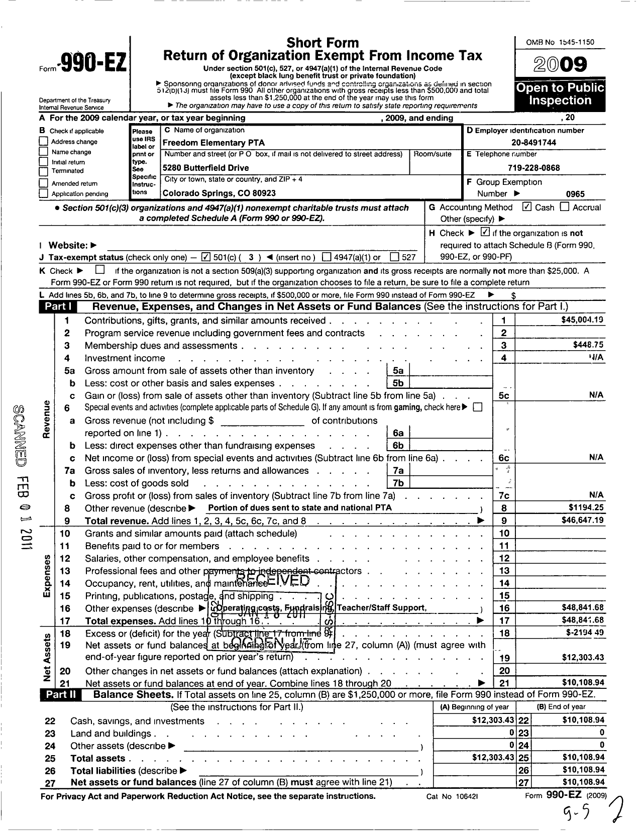 Image of first page of 2009 Form 990EZ for PTA Colorado Congress / Freedom Elementary PTA