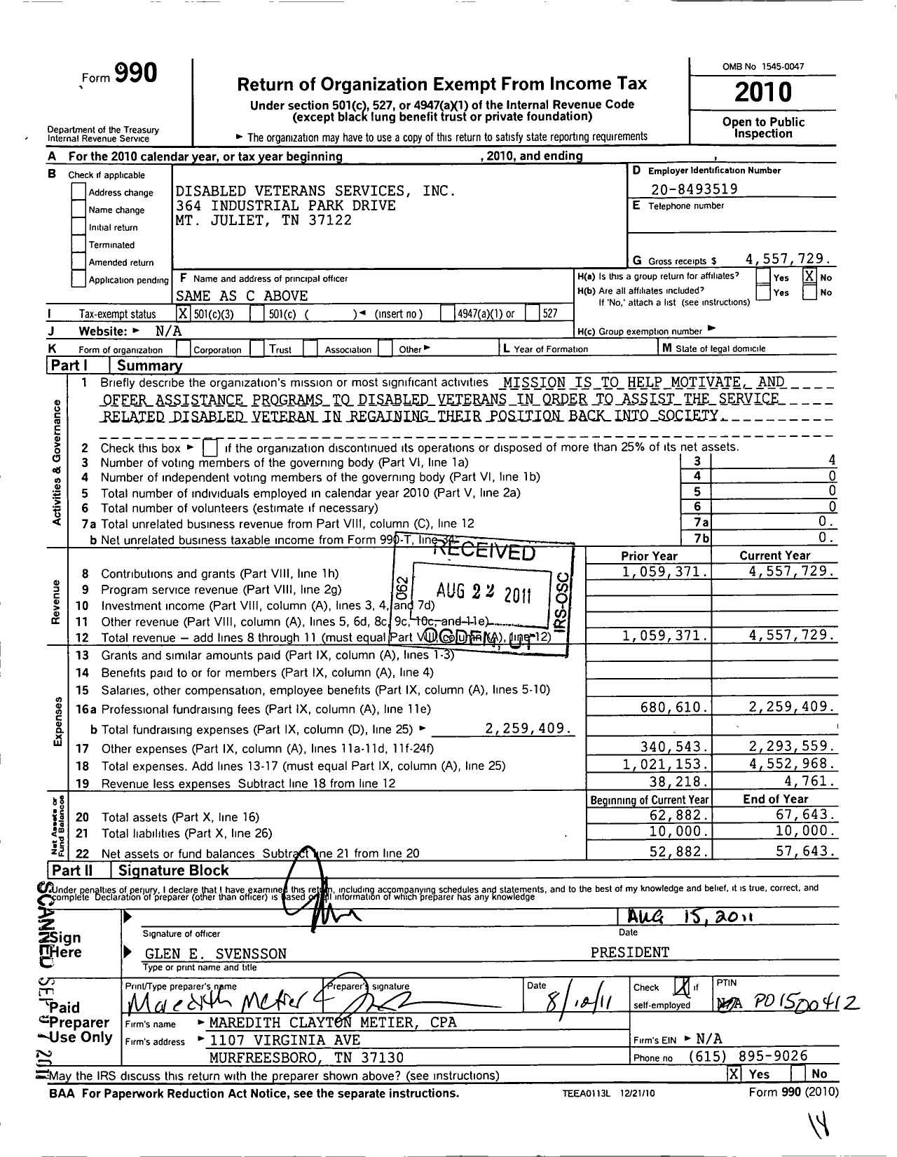 Image of first page of 2010 Form 990 for Disabled Veterans Services
