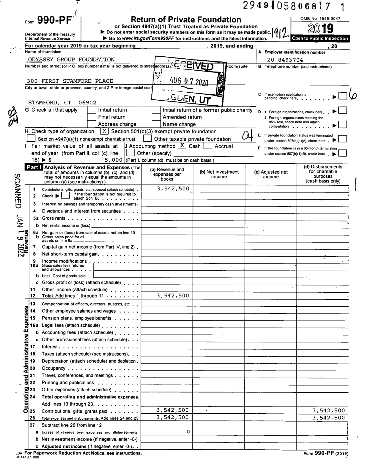 Image of first page of 2019 Form 990PF for Odyssey Group Foudnation