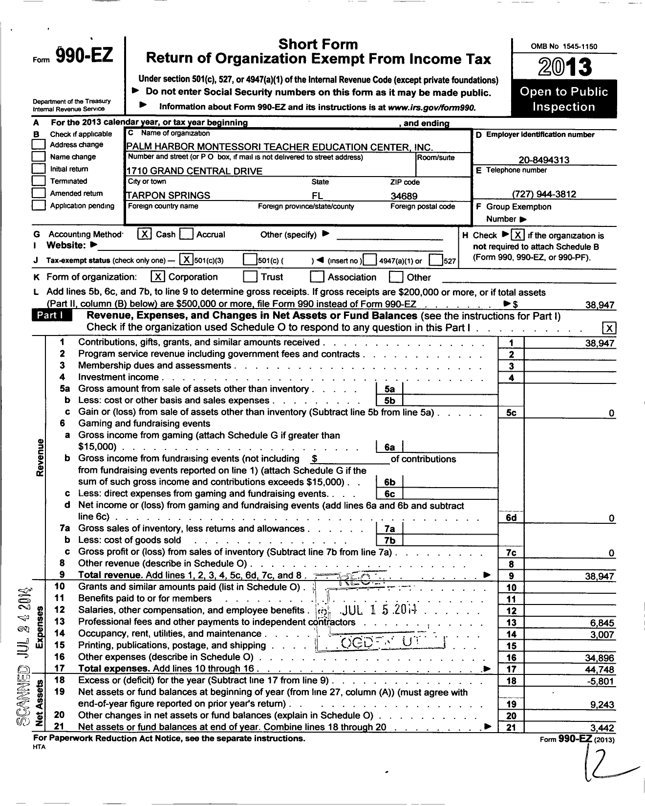 Image of first page of 2013 Form 990EZ for Palm Harbor Montessori Teacher Education Center