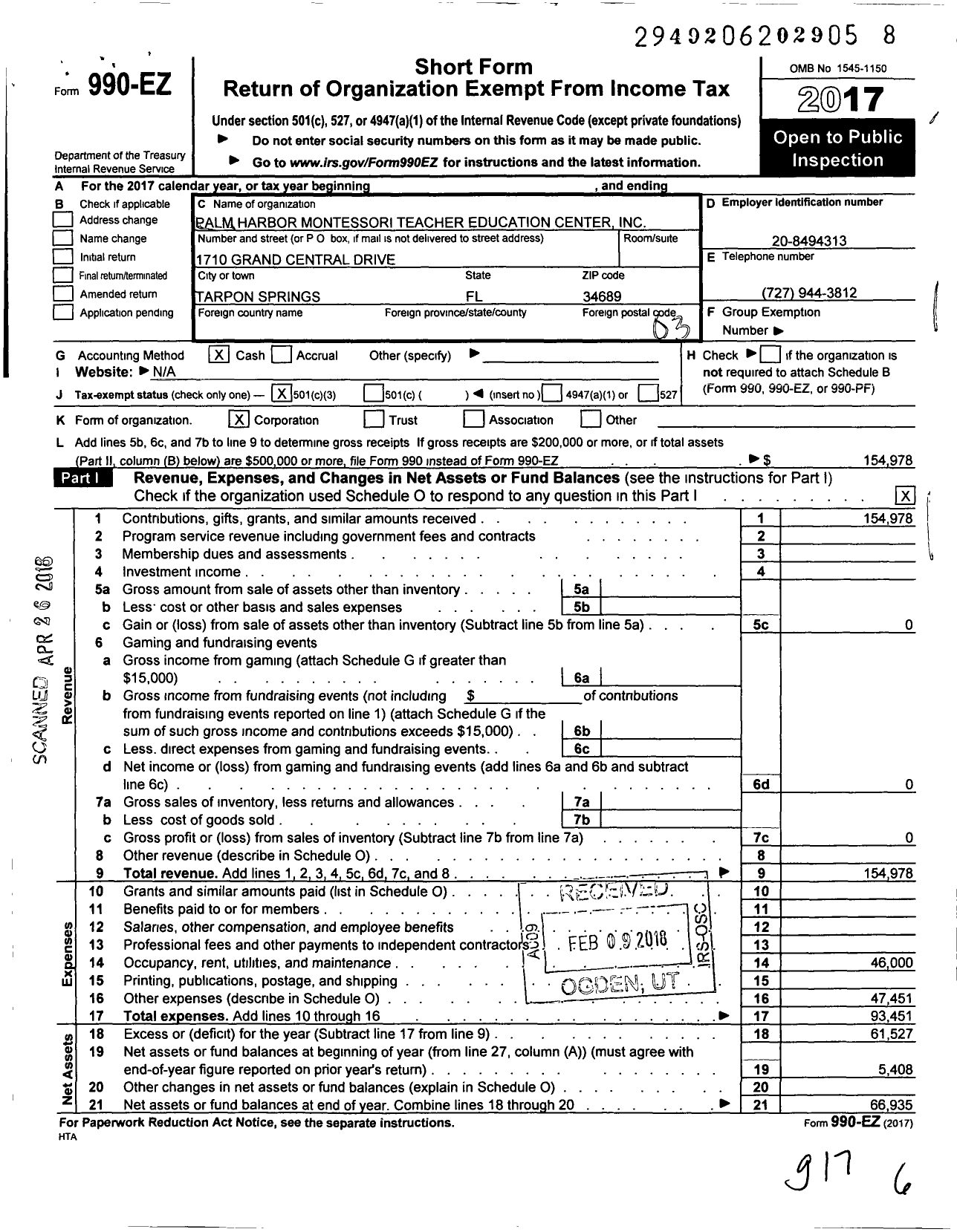 Image of first page of 2017 Form 990EZ for Palm Harbor Montessori Teacher Education Center