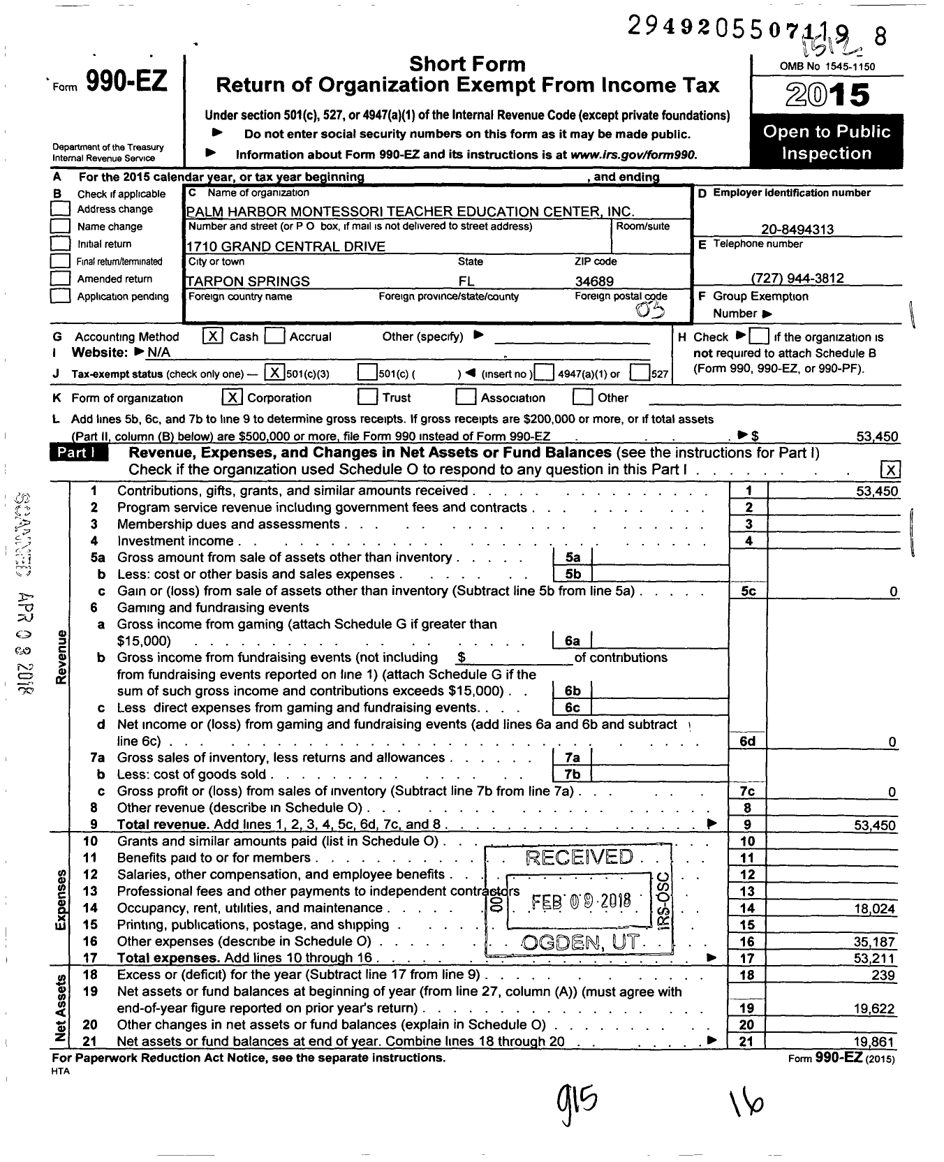 Image of first page of 2015 Form 990EZ for Palm Harbor Montessori Teacher Education Center