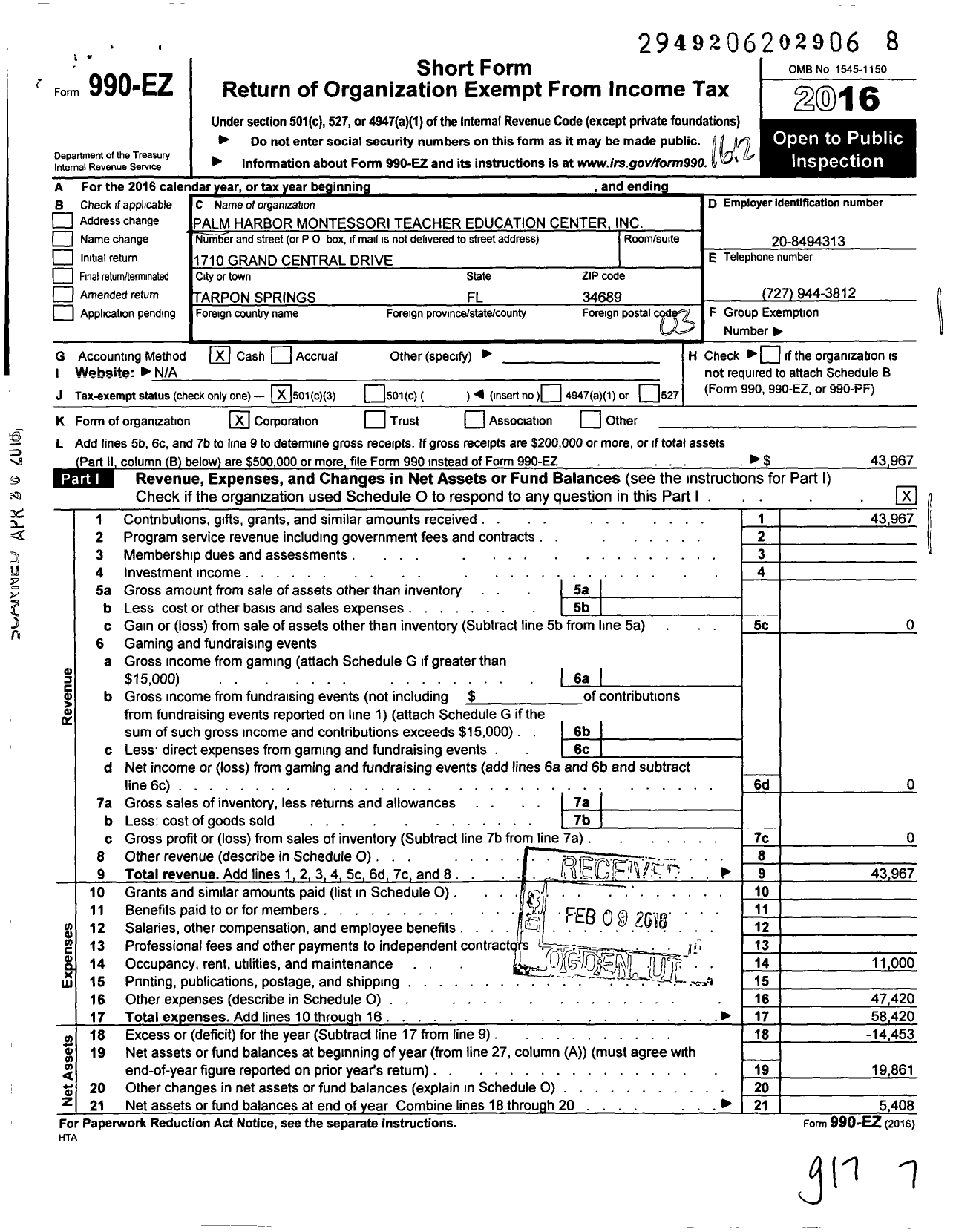 Image of first page of 2016 Form 990EZ for Palm Harbor Montessori Teacher Education Center