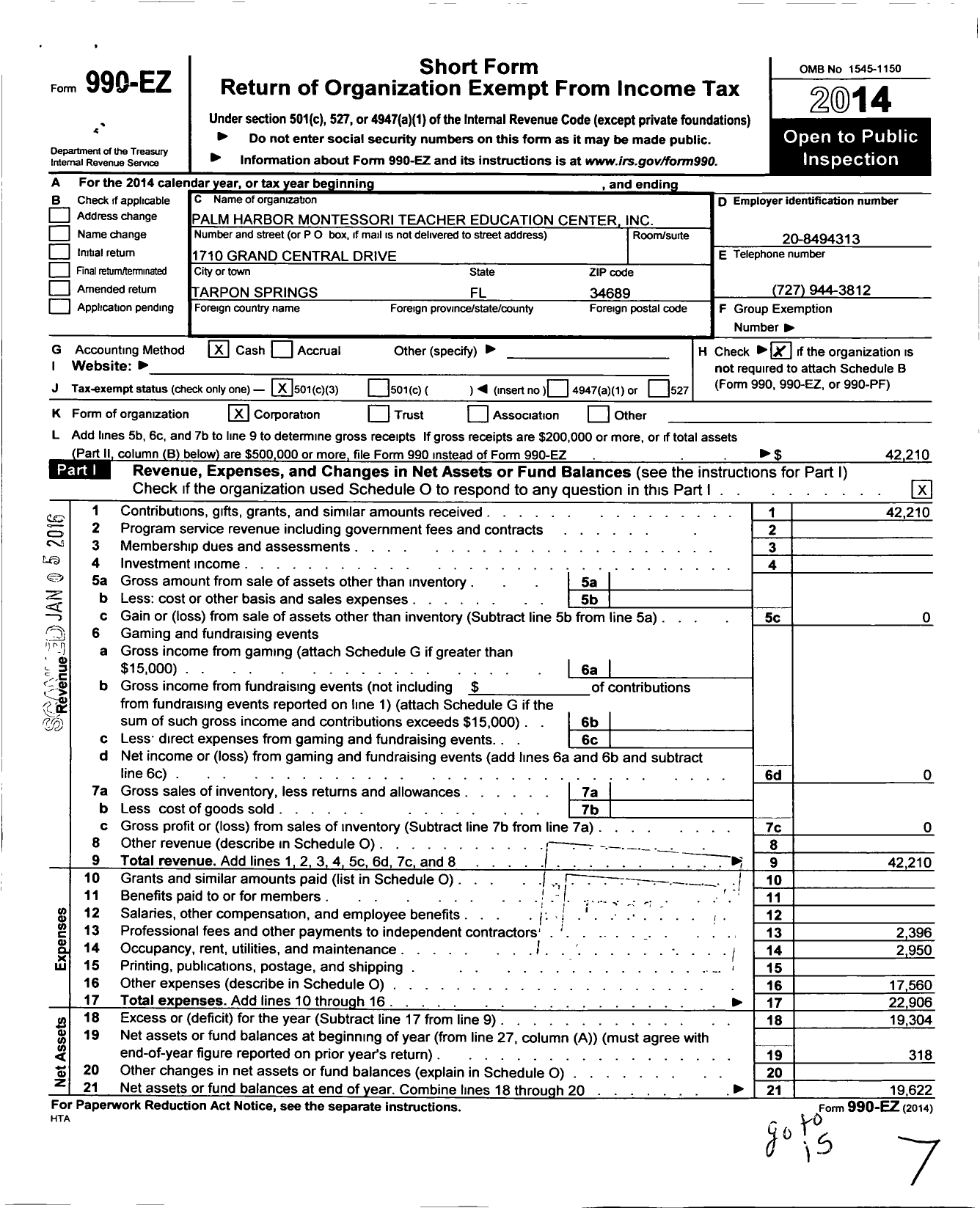 Image of first page of 2014 Form 990EZ for Palm Harbor Montessori Teacher Education Center