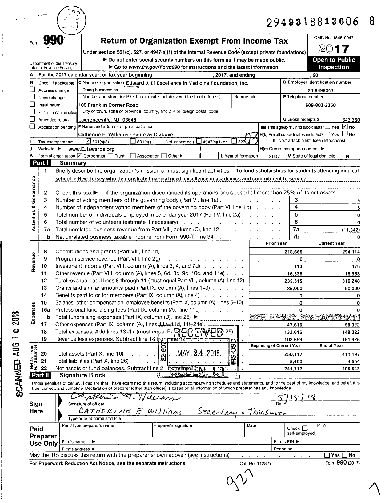 Image of first page of 2017 Form 990 for Edward J Ill Excellence in Medicine Foundation