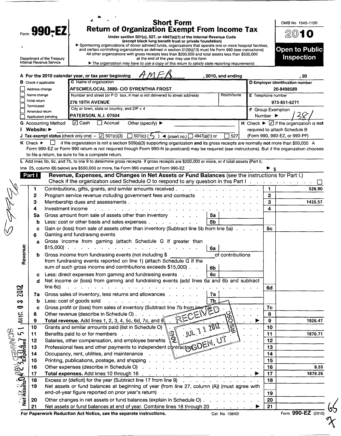 Image of first page of 2010 Form 990EO for American Federation of State County & Municipal Employees - L3880NJ Paterson NJ Housing Auth Em