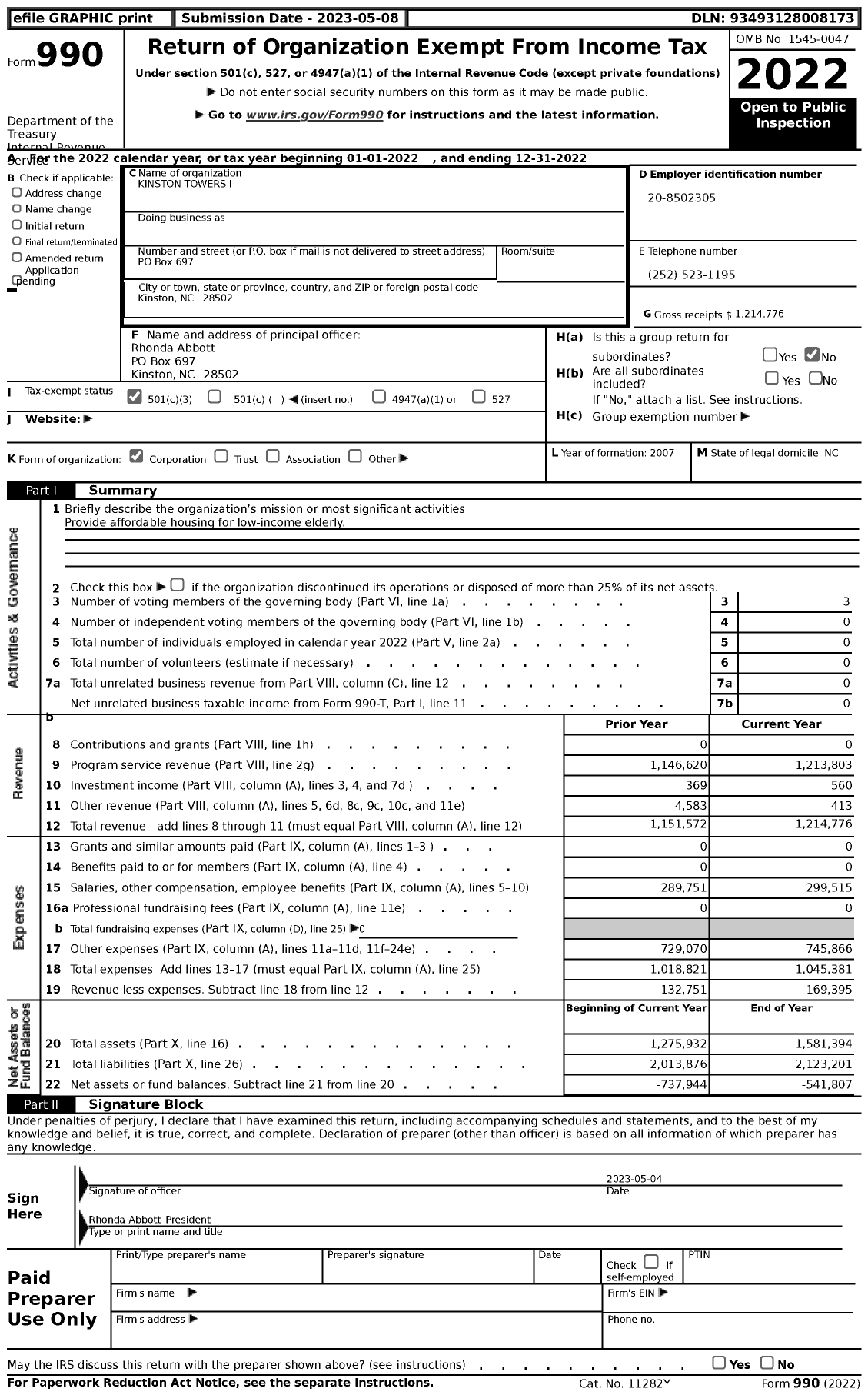 Image of first page of 2022 Form 990 for Kinston Towers I