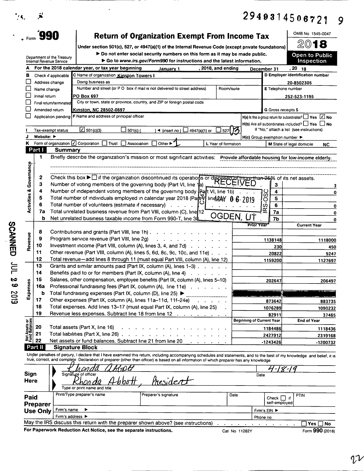 Image of first page of 2018 Form 990 for Kinston Towers I