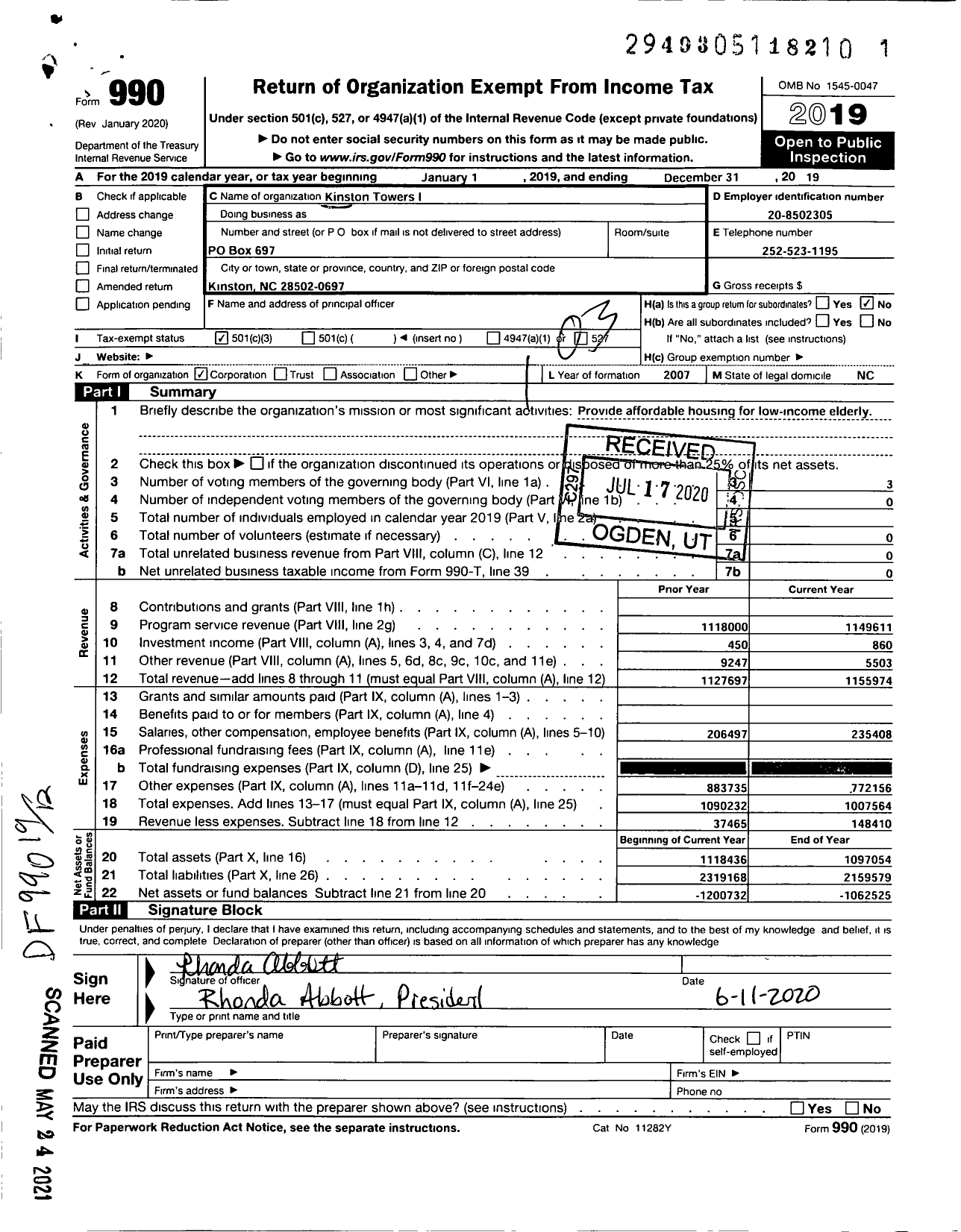 Image of first page of 2019 Form 990 for Kinston Towers I