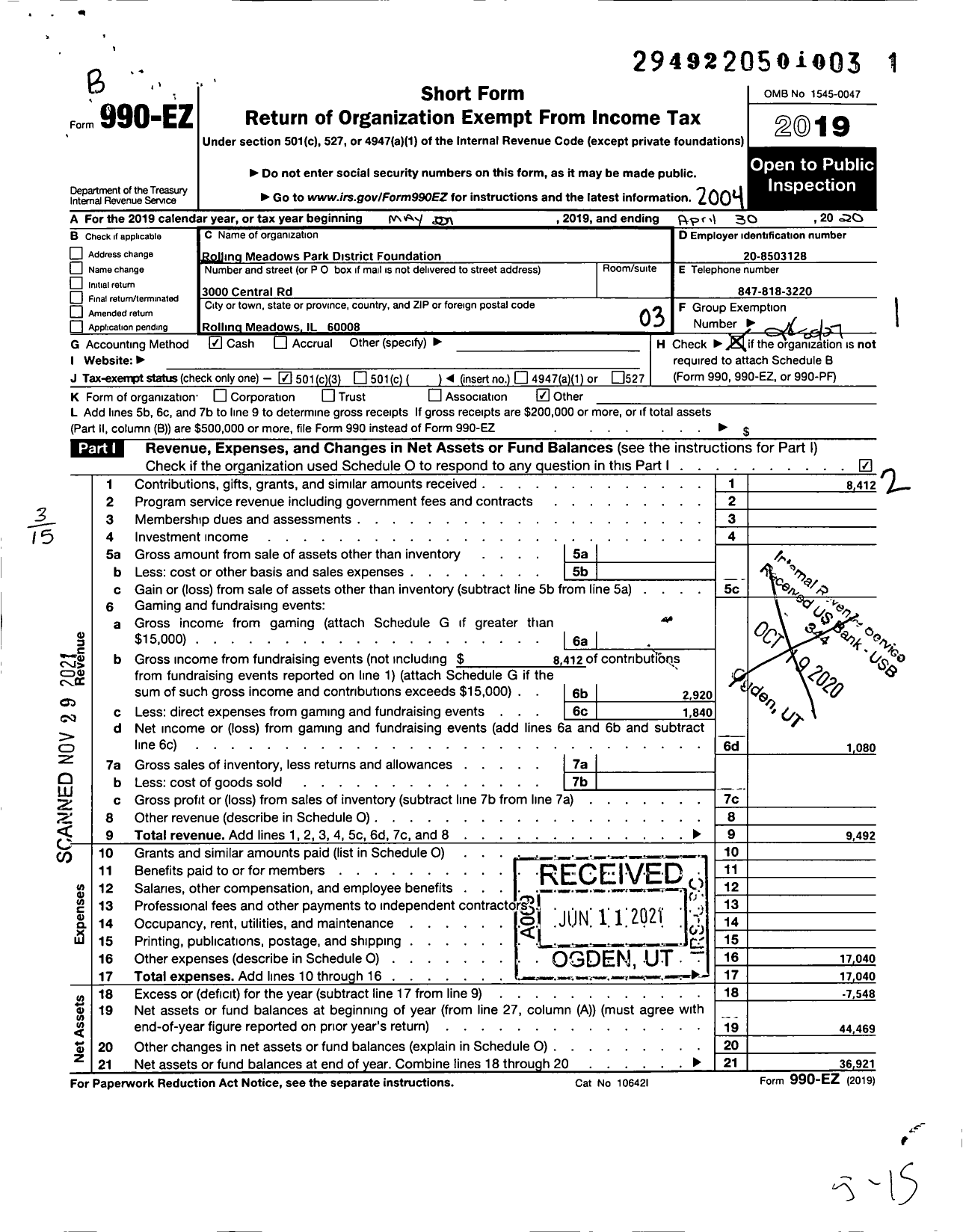 Image of first page of 2019 Form 990EZ for Rolling Meadows Park District Foundation