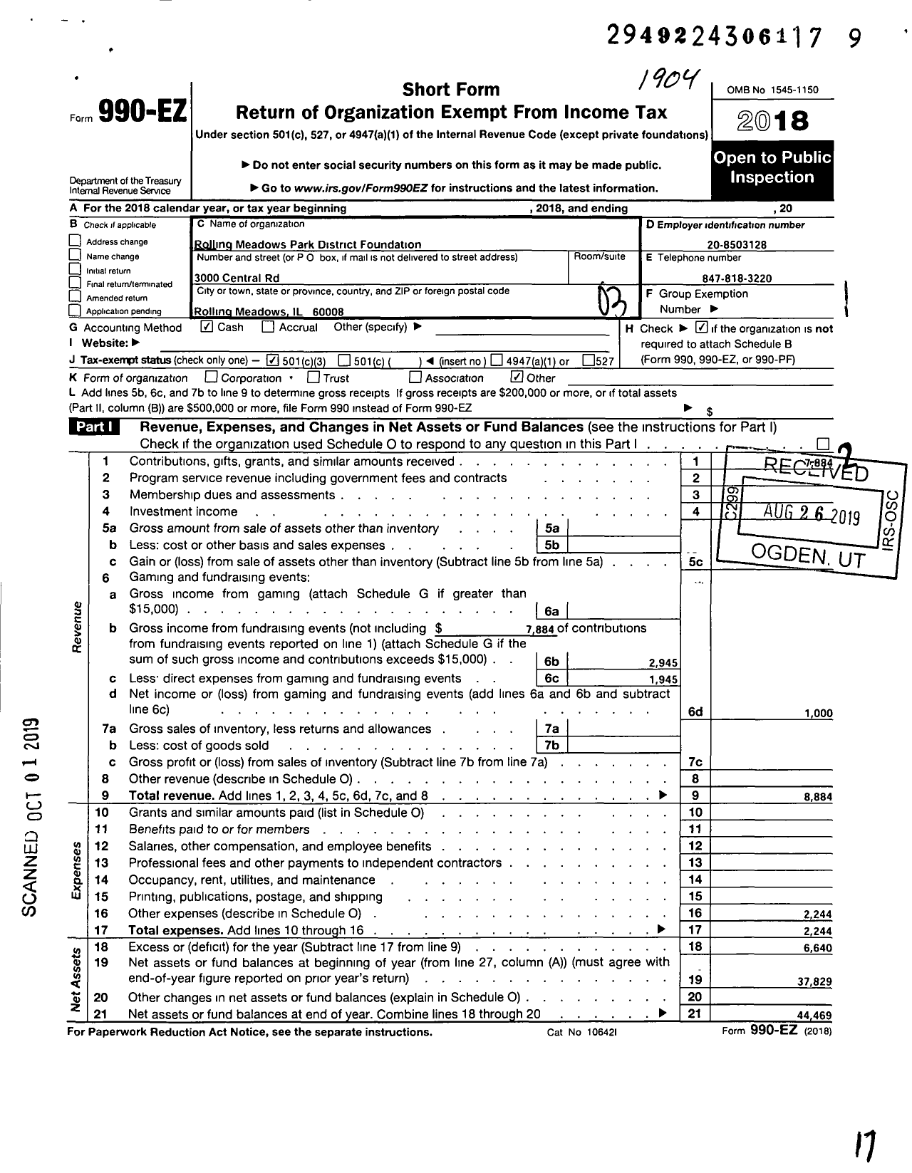 Image of first page of 2018 Form 990EZ for Rolling Meadows Park District Foundation