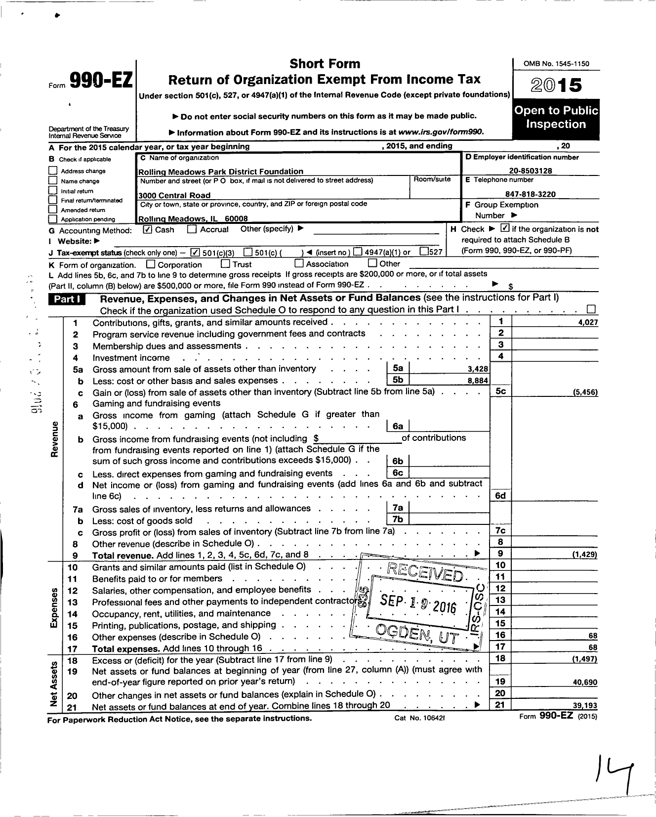 Image of first page of 2015 Form 990EZ for Rolling Meadows Park District Foundation