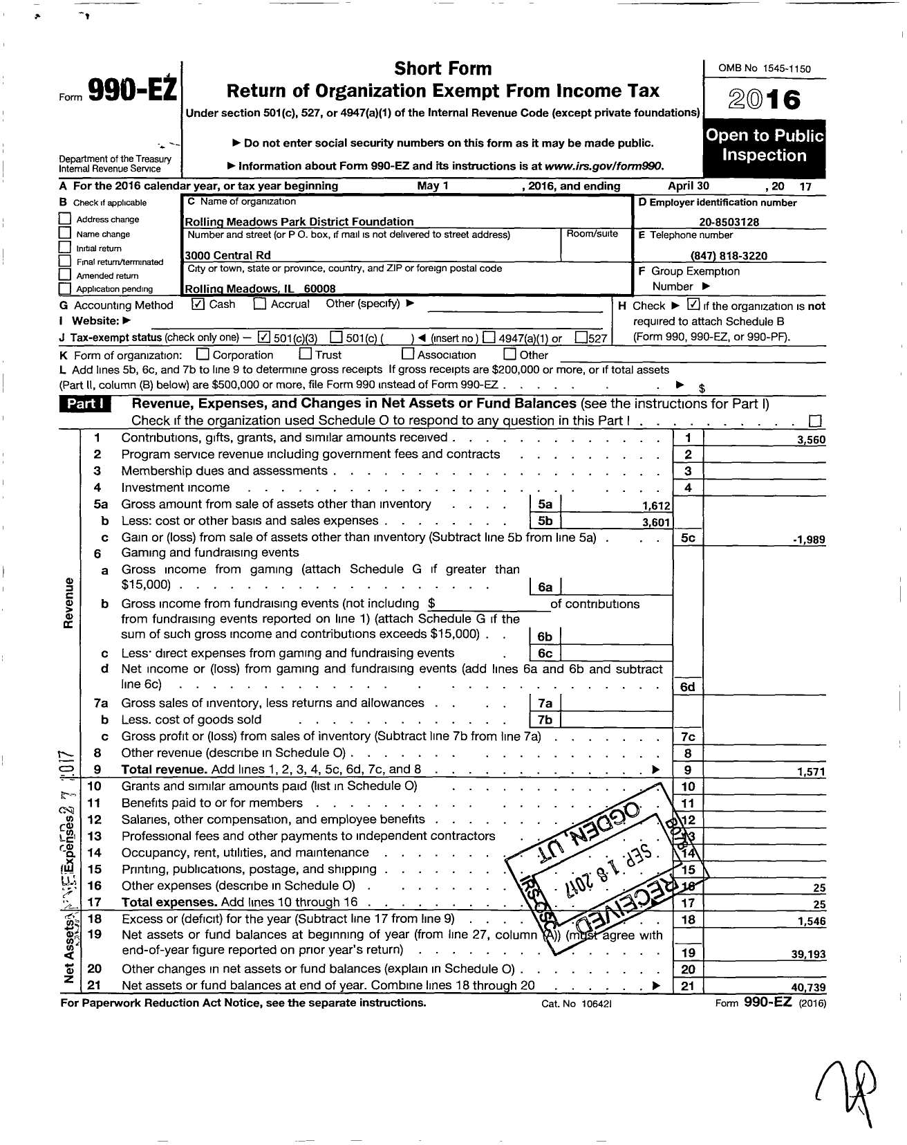 Image of first page of 2016 Form 990EZ for Rolling Meadows Park District Foundation