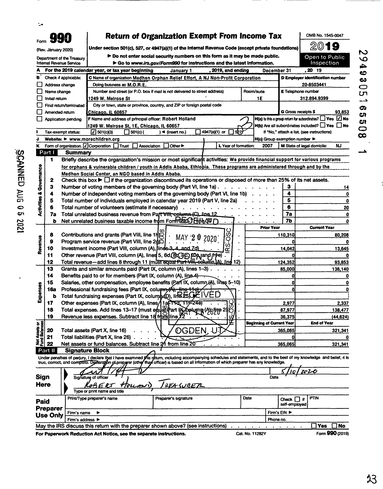 Image of first page of 2019 Form 990 for More / Medhen Orphan Relief Effort A Njnon Profit Corporation