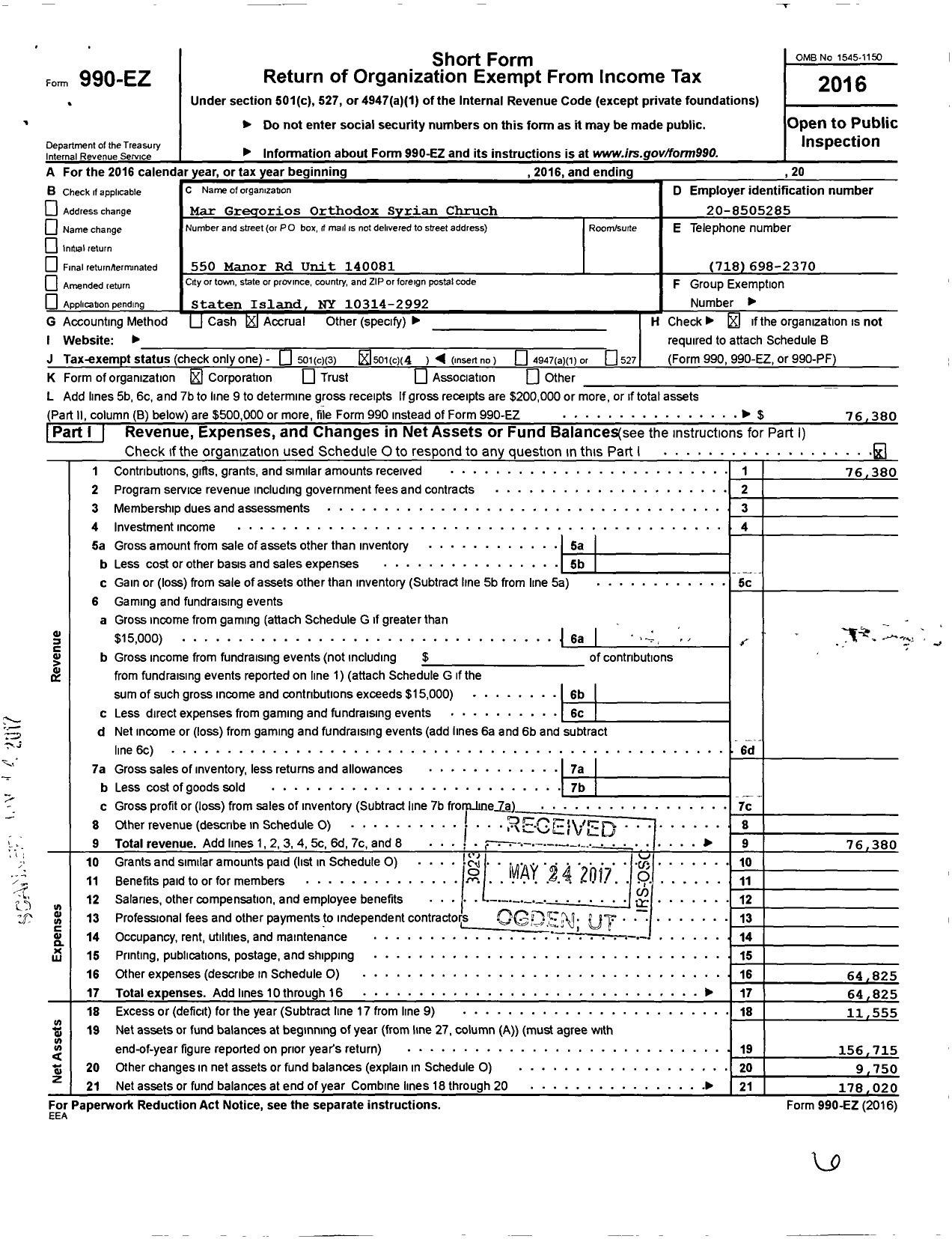 Image of first page of 2016 Form 990EO for Mar Gregorios Orthodox Syrian Church