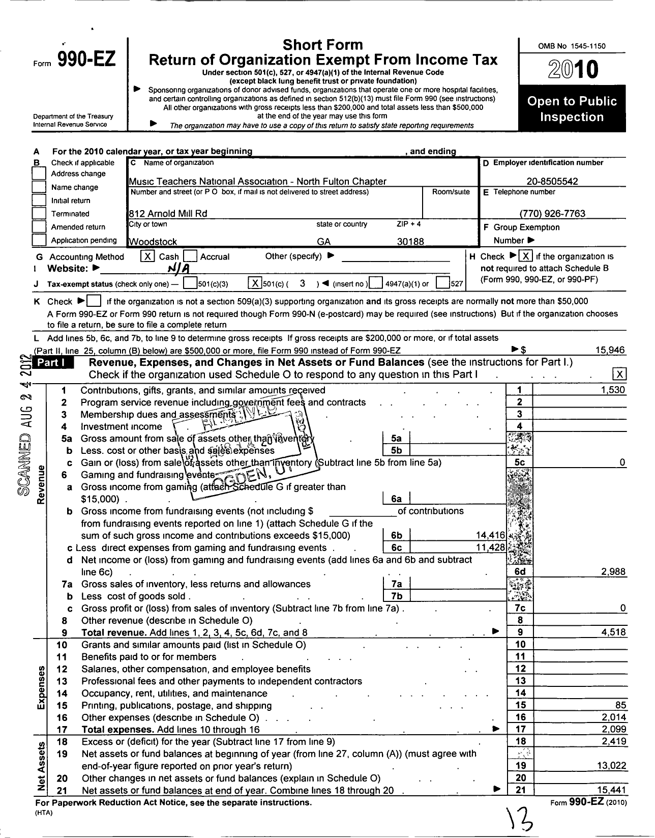 Image of first page of 2010 Form 990EZ for Music Teachers National Association / North Fulton Mta