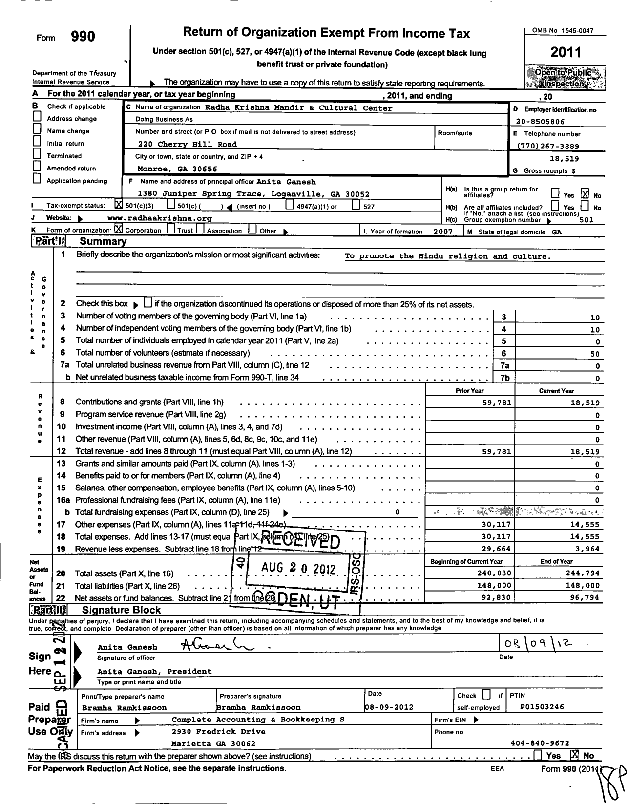 Image of first page of 2011 Form 990 for Radha Krishna Mandir & Cultural Center