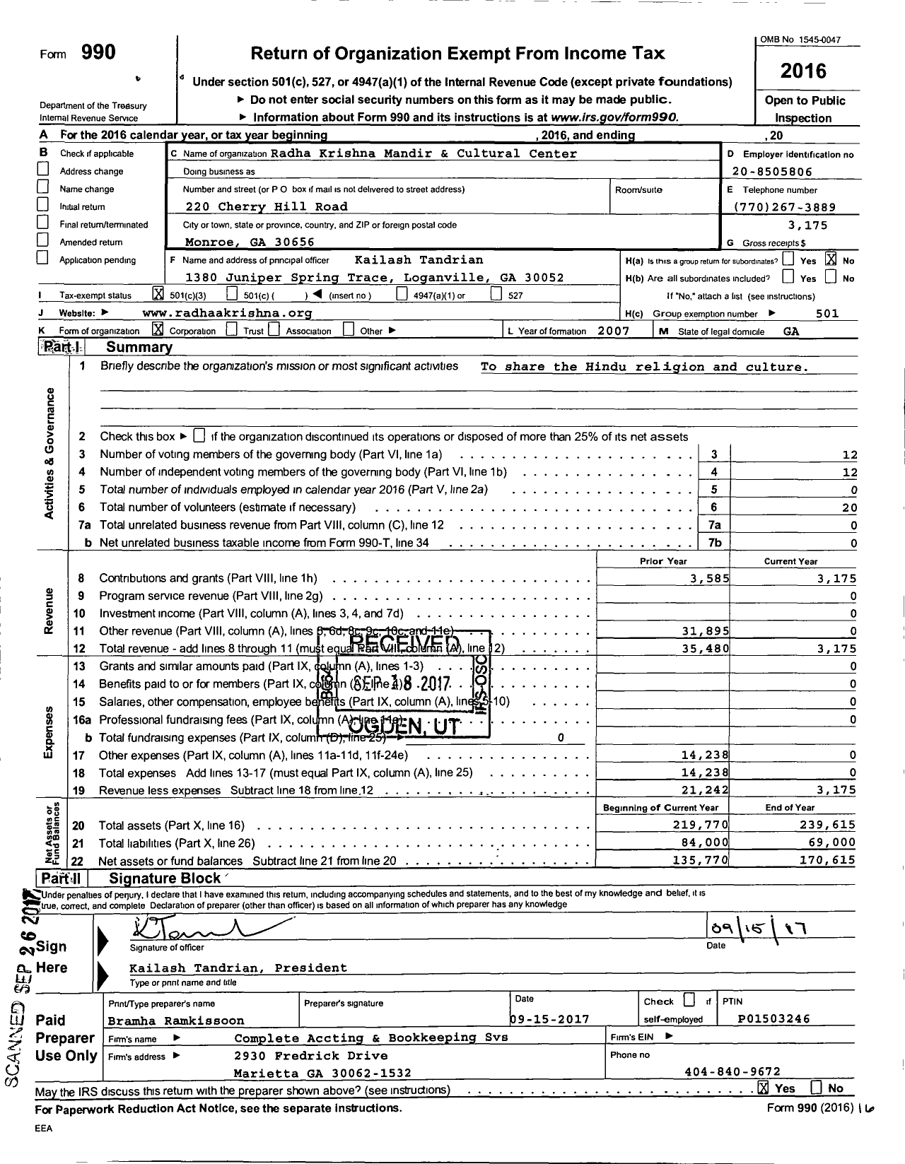 Image of first page of 2016 Form 990 for Radha Krishna Mandir & Cultural Center