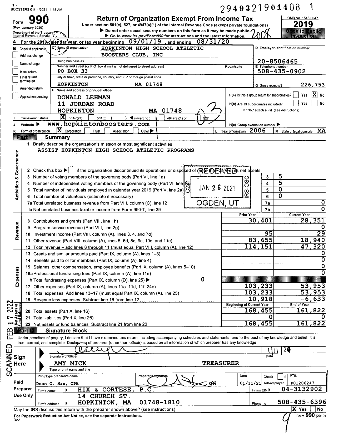 Image of first page of 2019 Form 990 for Hopkinton High School Athletic Boosters Club