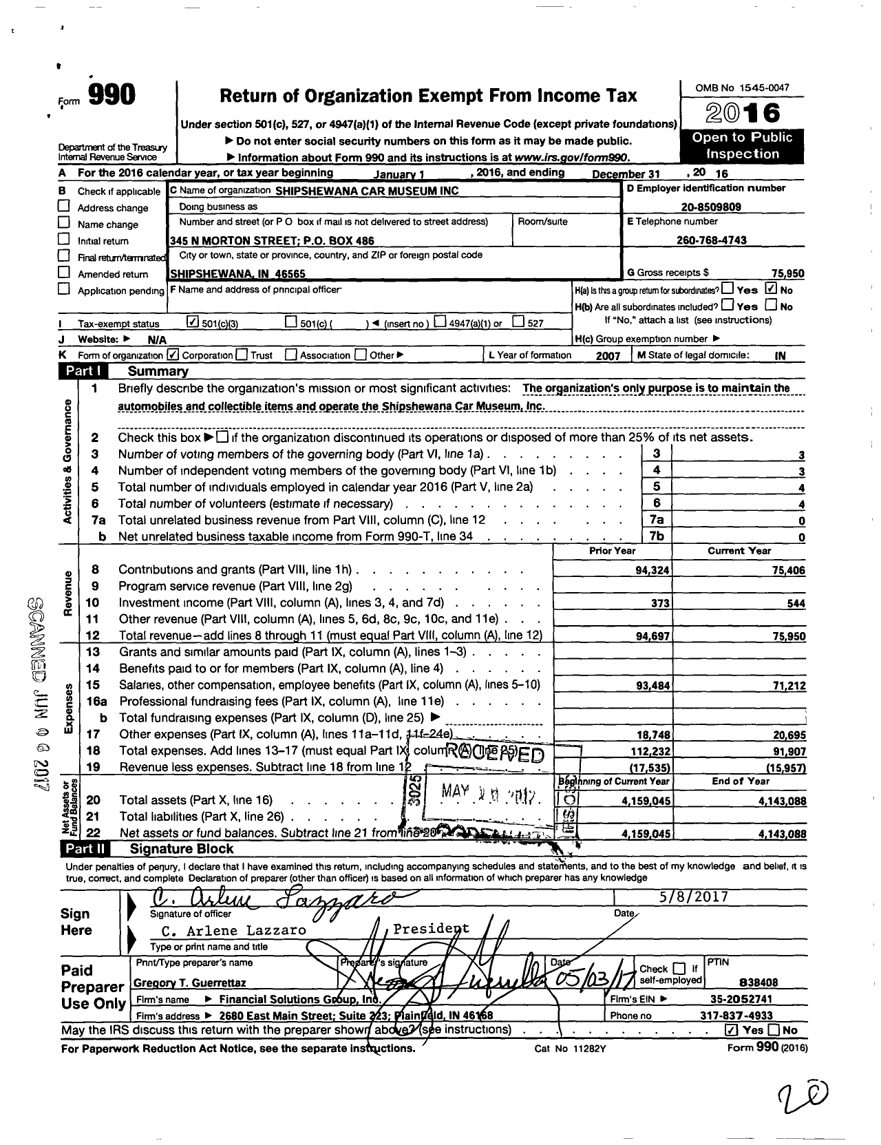 Image of first page of 2016 Form 990 for Shipshewana Car Museum