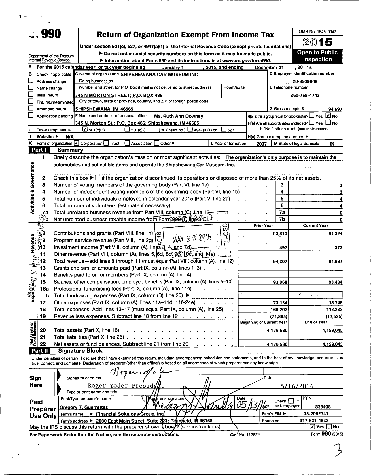 Image of first page of 2015 Form 990 for Shipshewana Car Museum