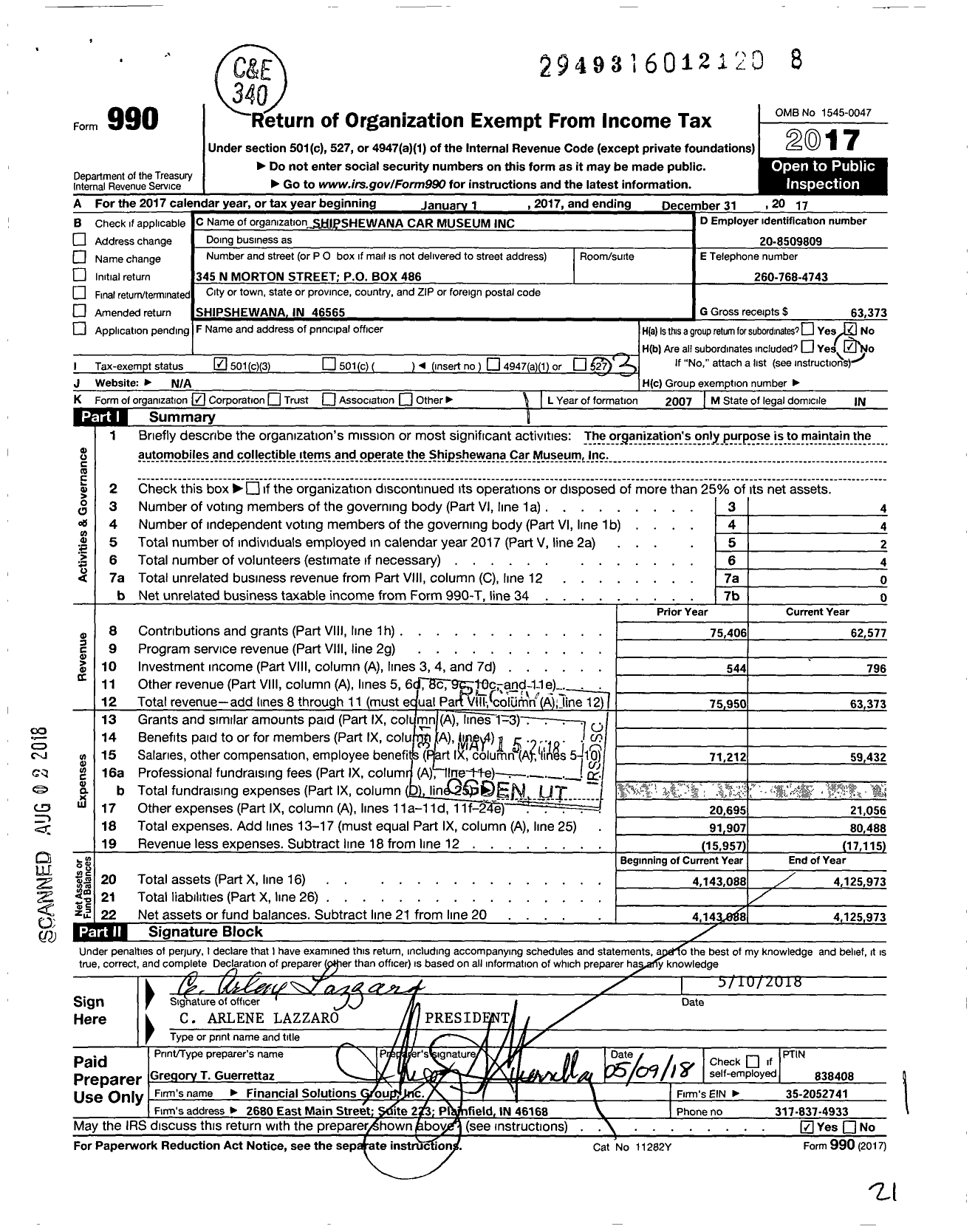 Image of first page of 2017 Form 990 for Shipshewana Car Museum