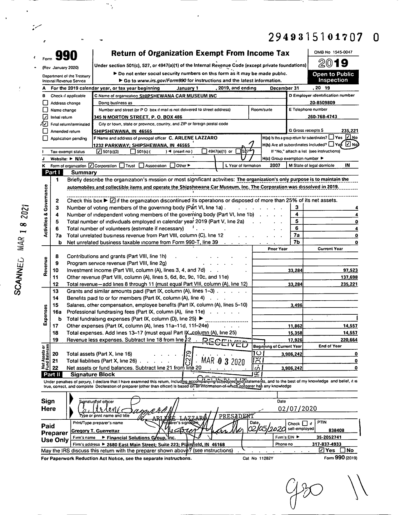 Image of first page of 2019 Form 990 for Shipshewana Car Museum