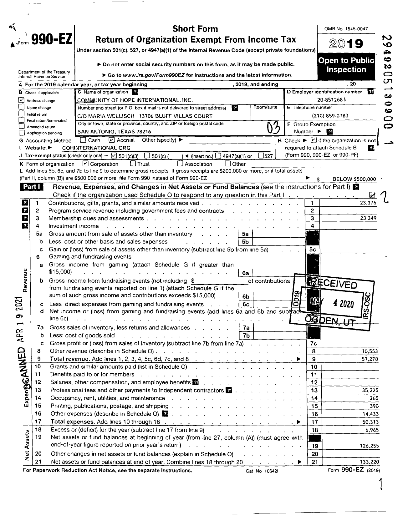 Image of first page of 2019 Form 990EZ for Community of Hope International