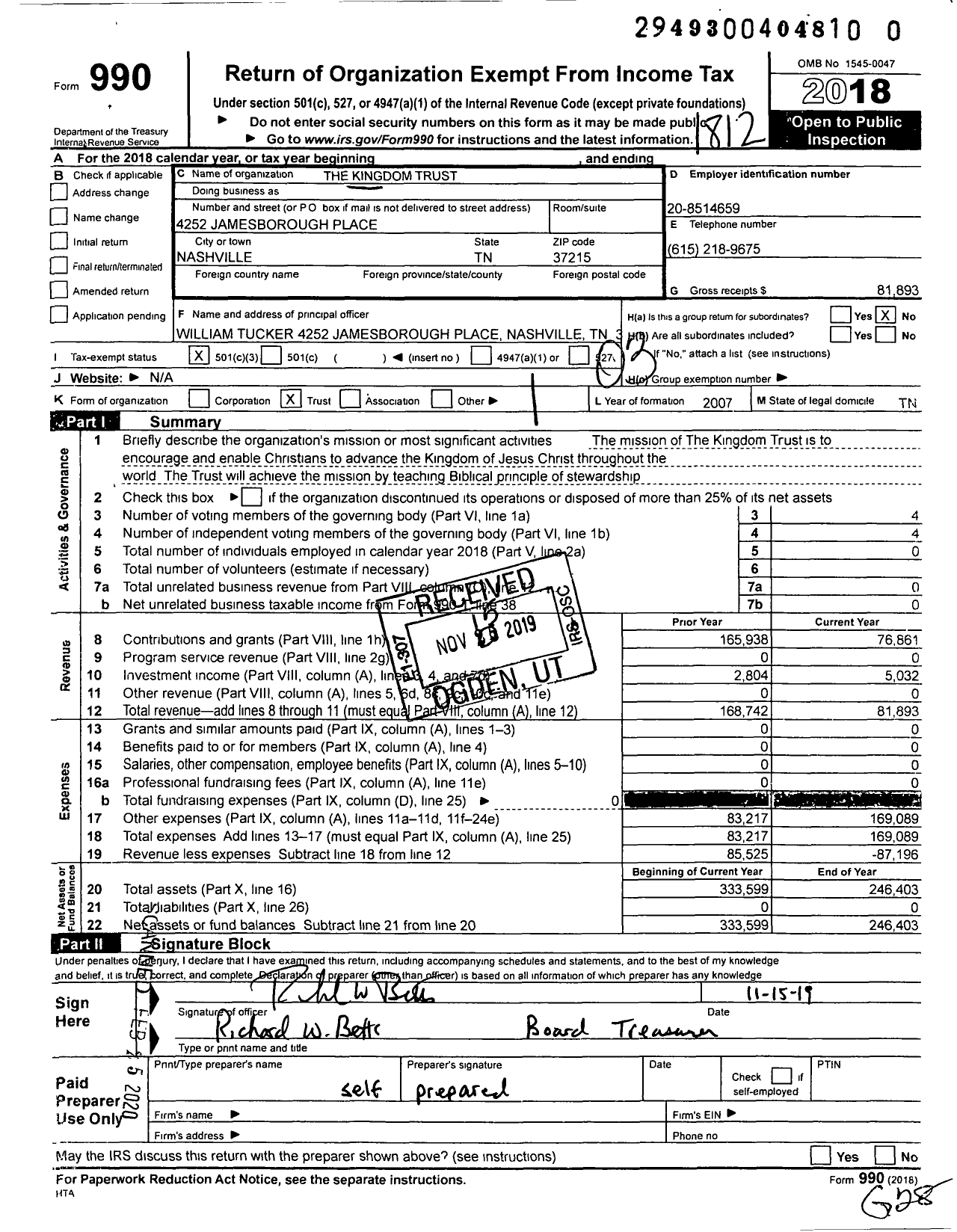 Image of first page of 2018 Form 990 for The Kingdom Trust