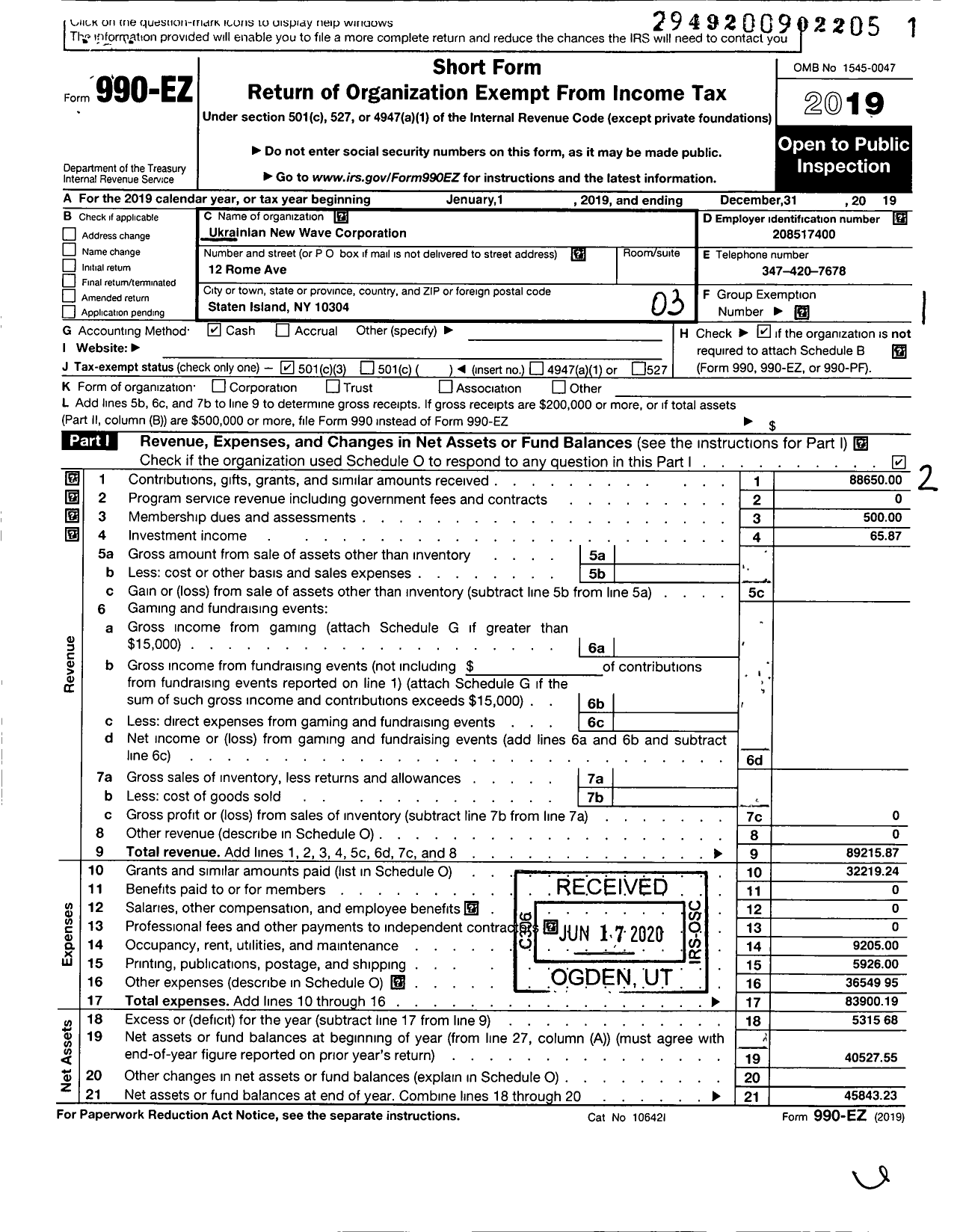 Image of first page of 2019 Form 990EZ for Ukrainian New Wave Corporation