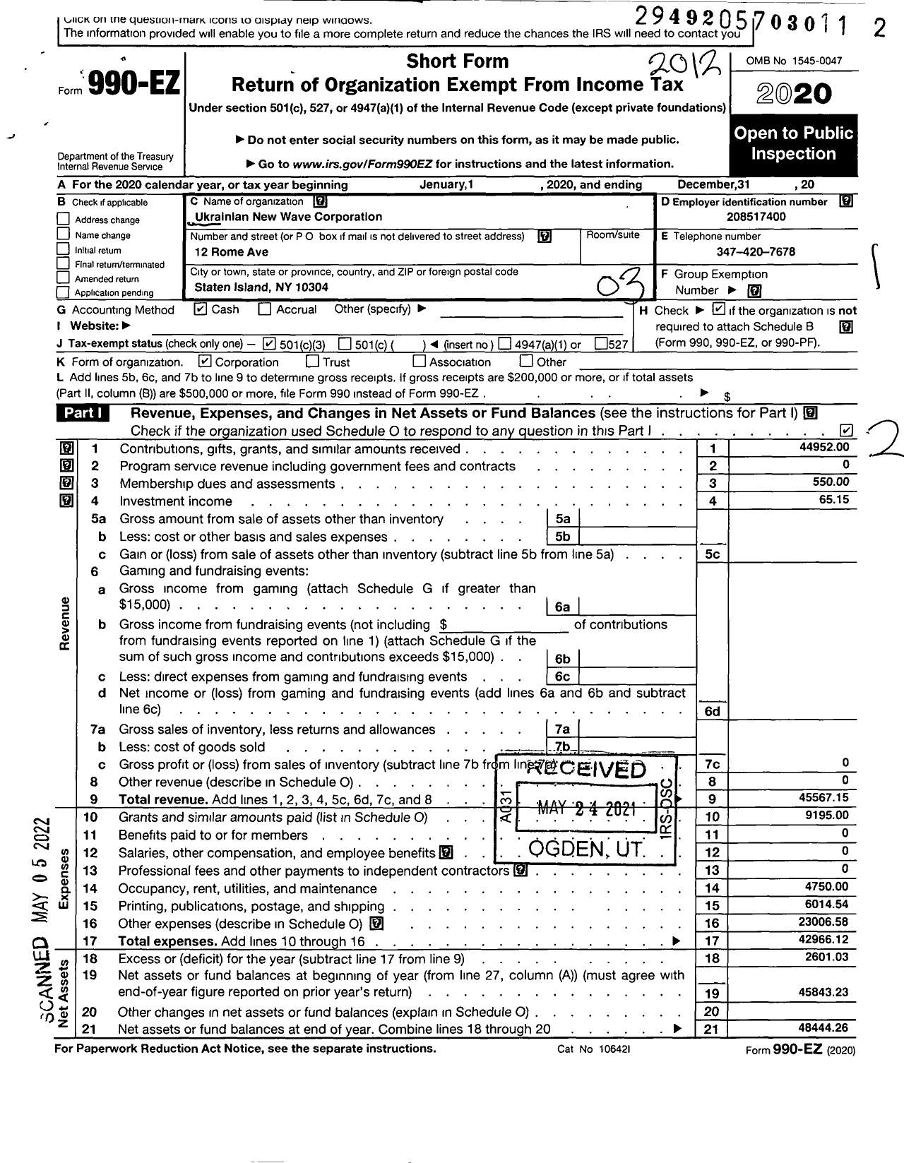 Image of first page of 2020 Form 990EZ for Ukrainian New Wave Corporation