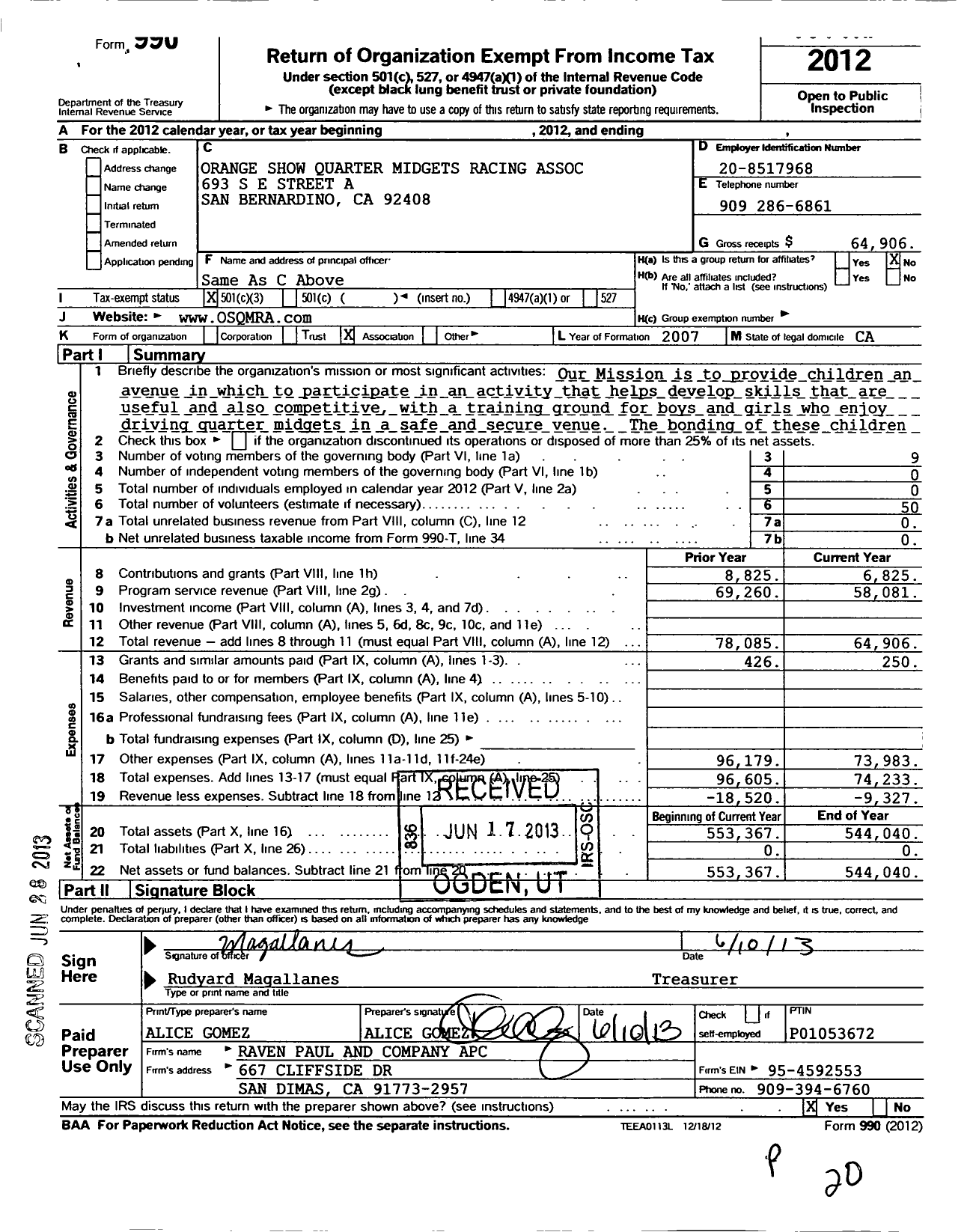 Image of first page of 2012 Form 990 for Orange Show Quarter Midgets Racing Association