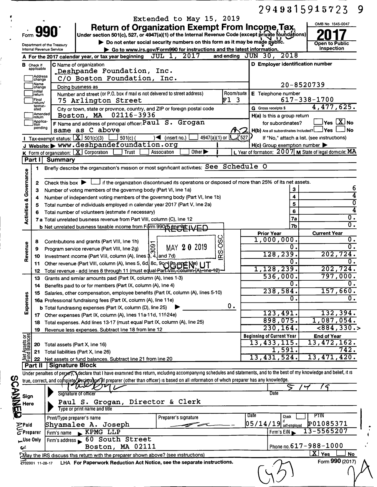 Image of first page of 2017 Form 990 for Deshpande Foundation