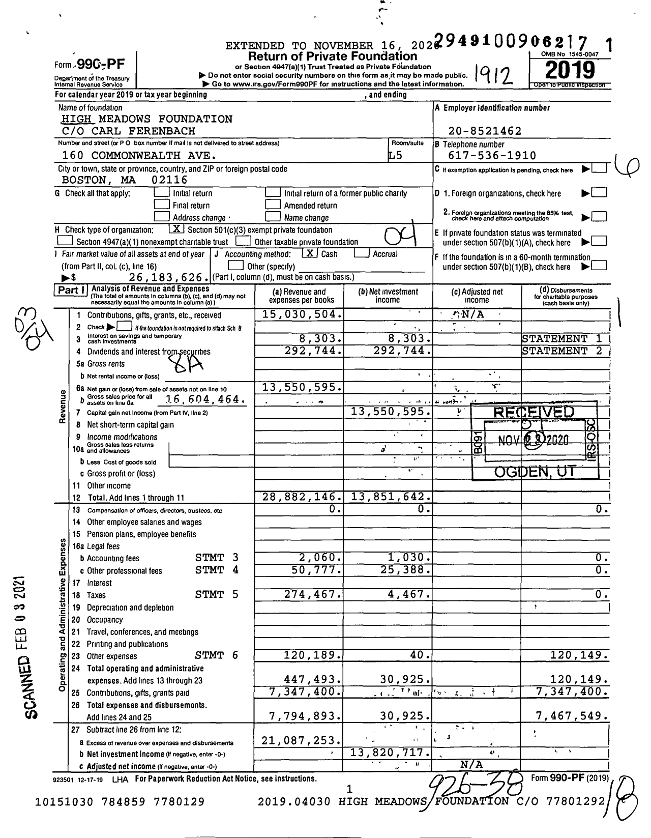 Image of first page of 2019 Form 990PF for High Meadows Foundation