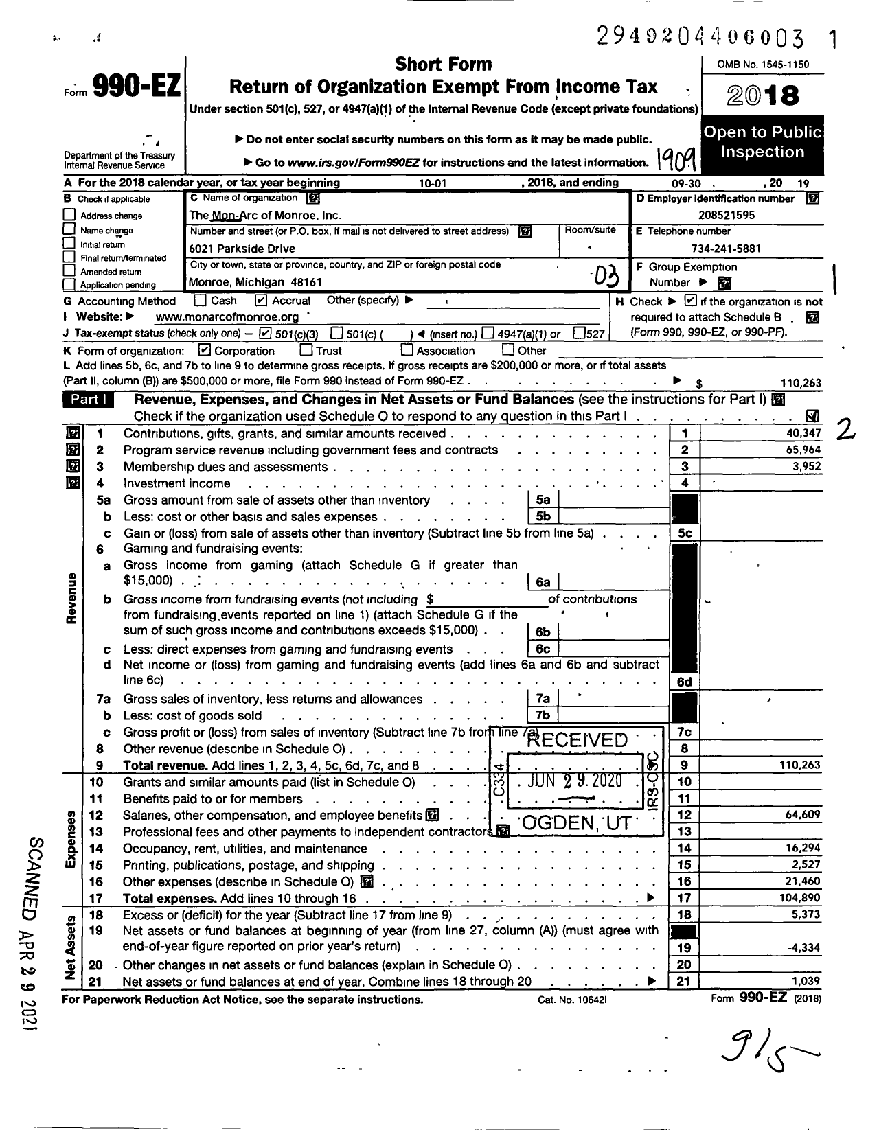 Image of first page of 2018 Form 990EZ for The Mon-Arc of Monroe