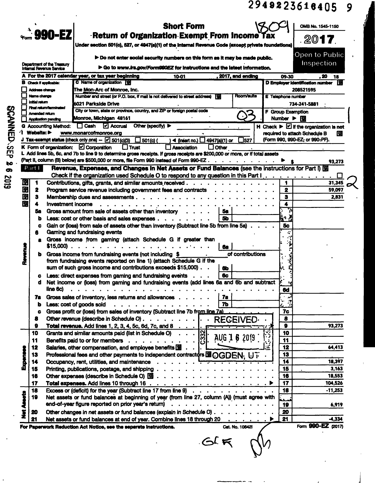 Image of first page of 2017 Form 990EZ for The Mon-Arc of Monroe