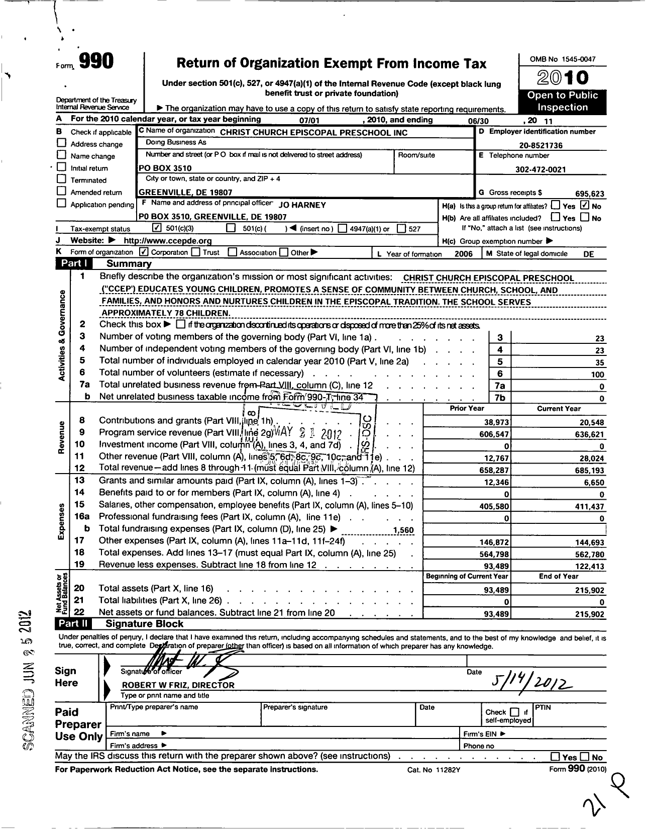 Image of first page of 2010 Form 990 for Christ Church Episcopal Preschool